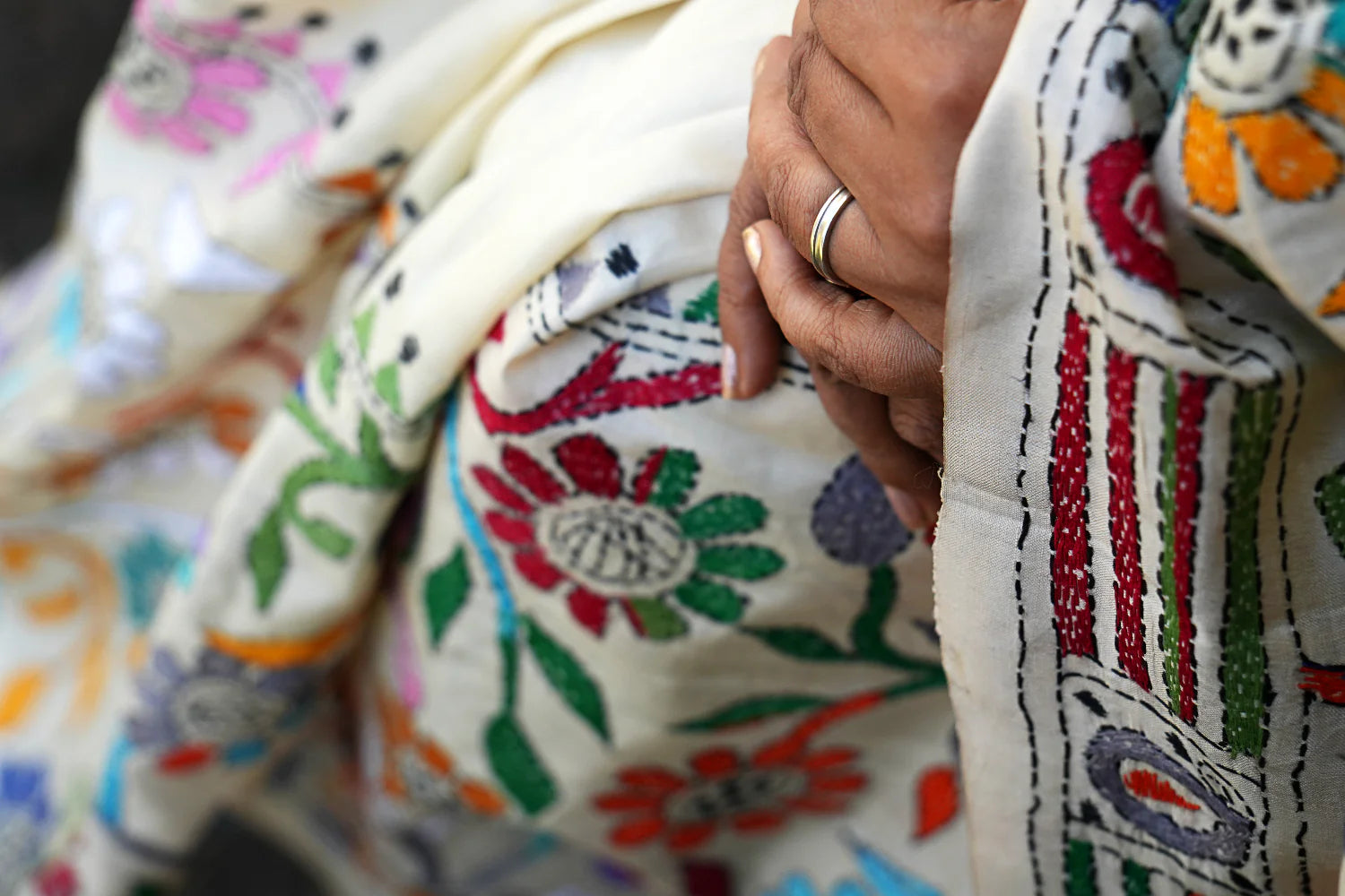 Woman wearing a Kantha Handloom saree