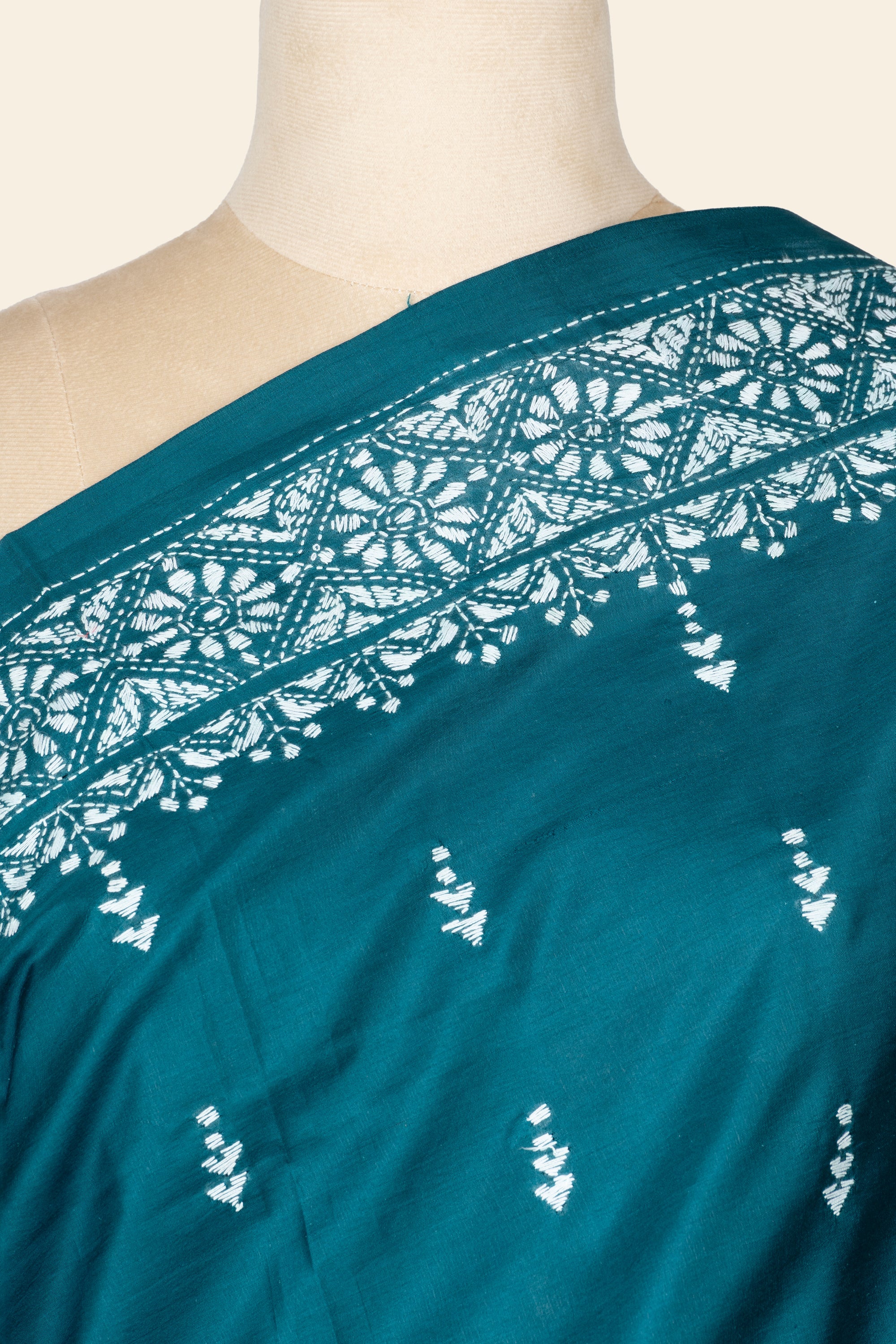 Teal Blue Bengal Kantha Stitch Pure Silk Saree