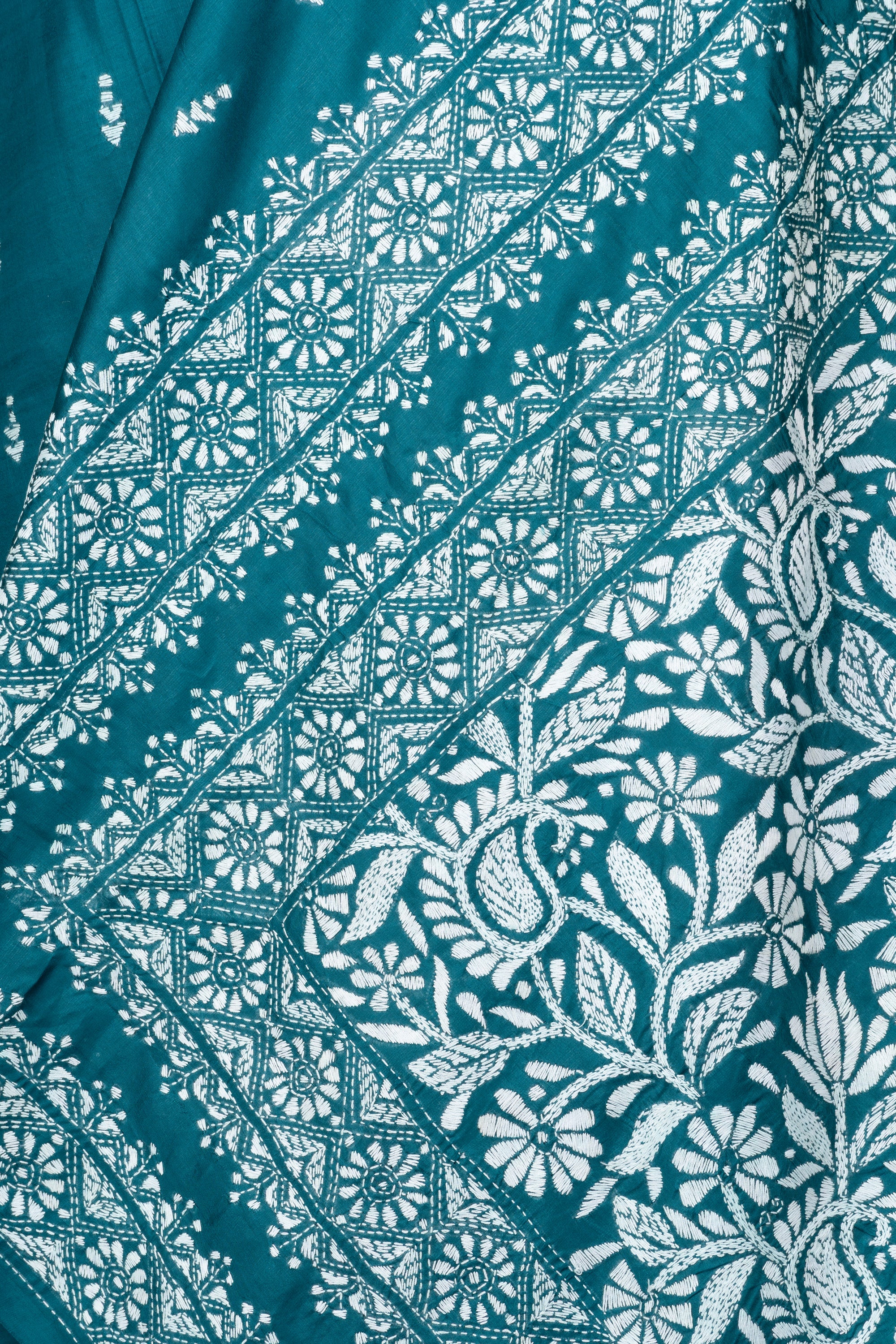 Teal Blue Bengal Kantha Stitch Pure Silk Saree