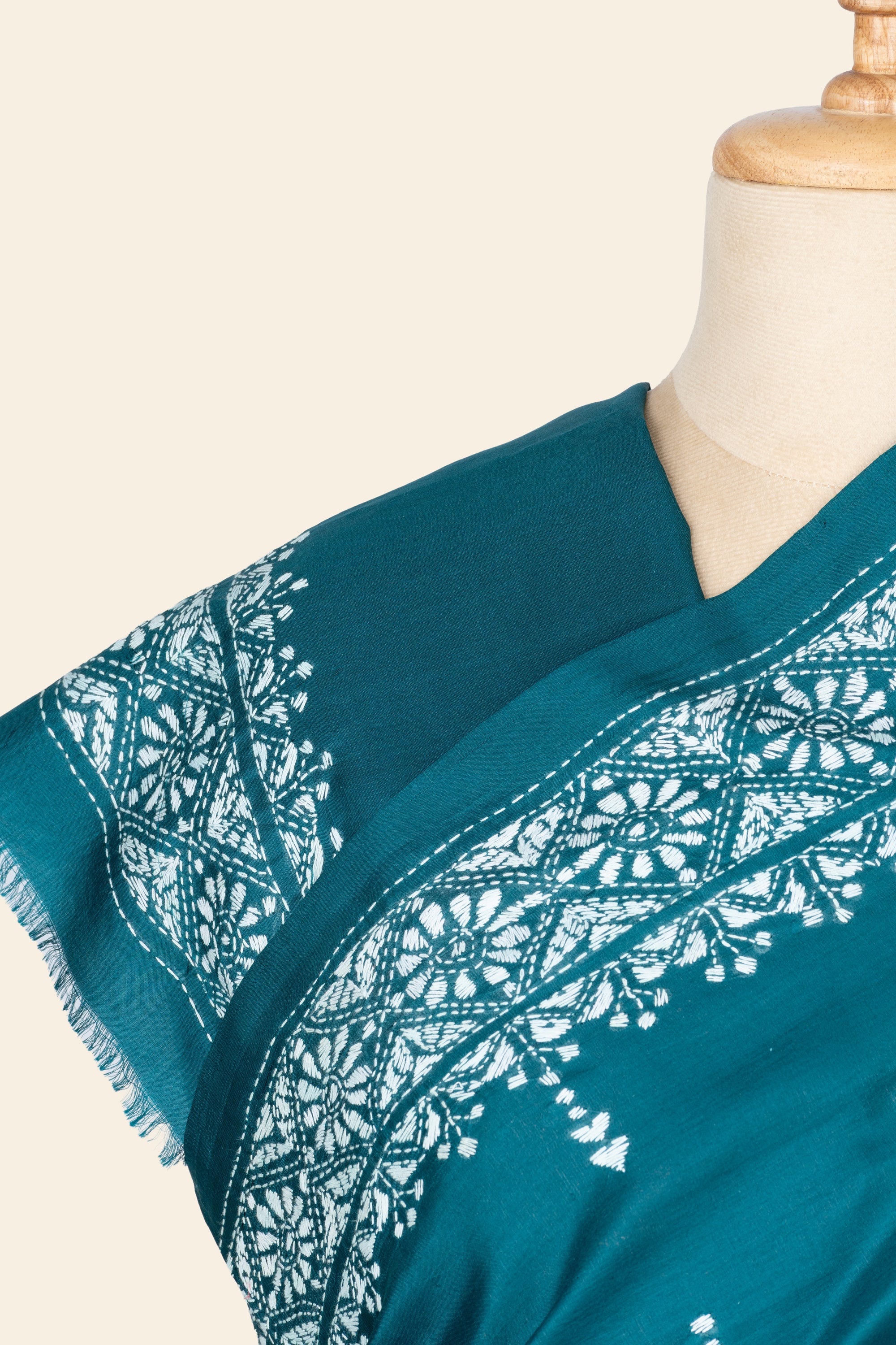 Teal Blue Bengal Kantha Stitch Pure Silk Saree