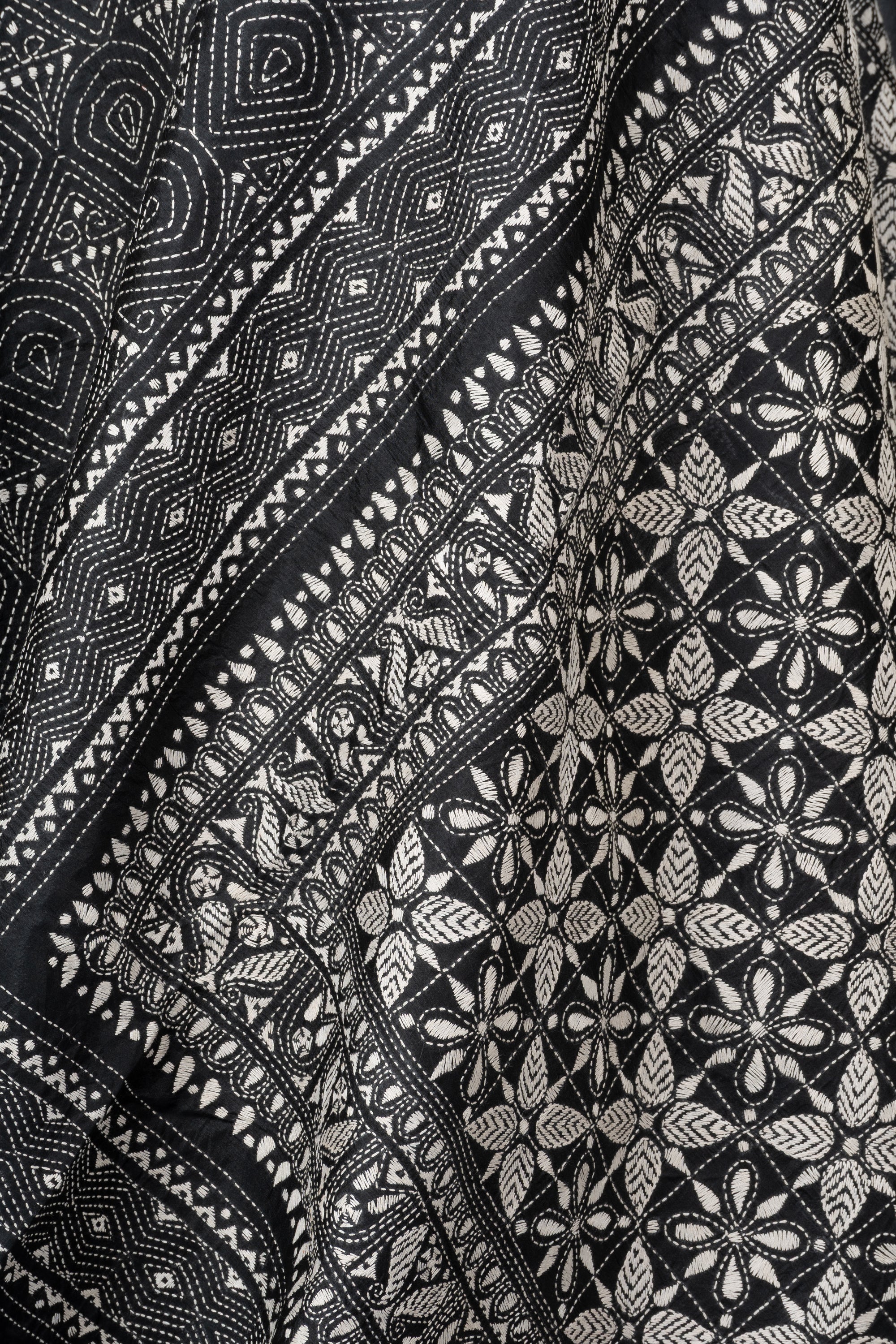 Black and White Bengal Kantha Stitch Pure Silk Saree