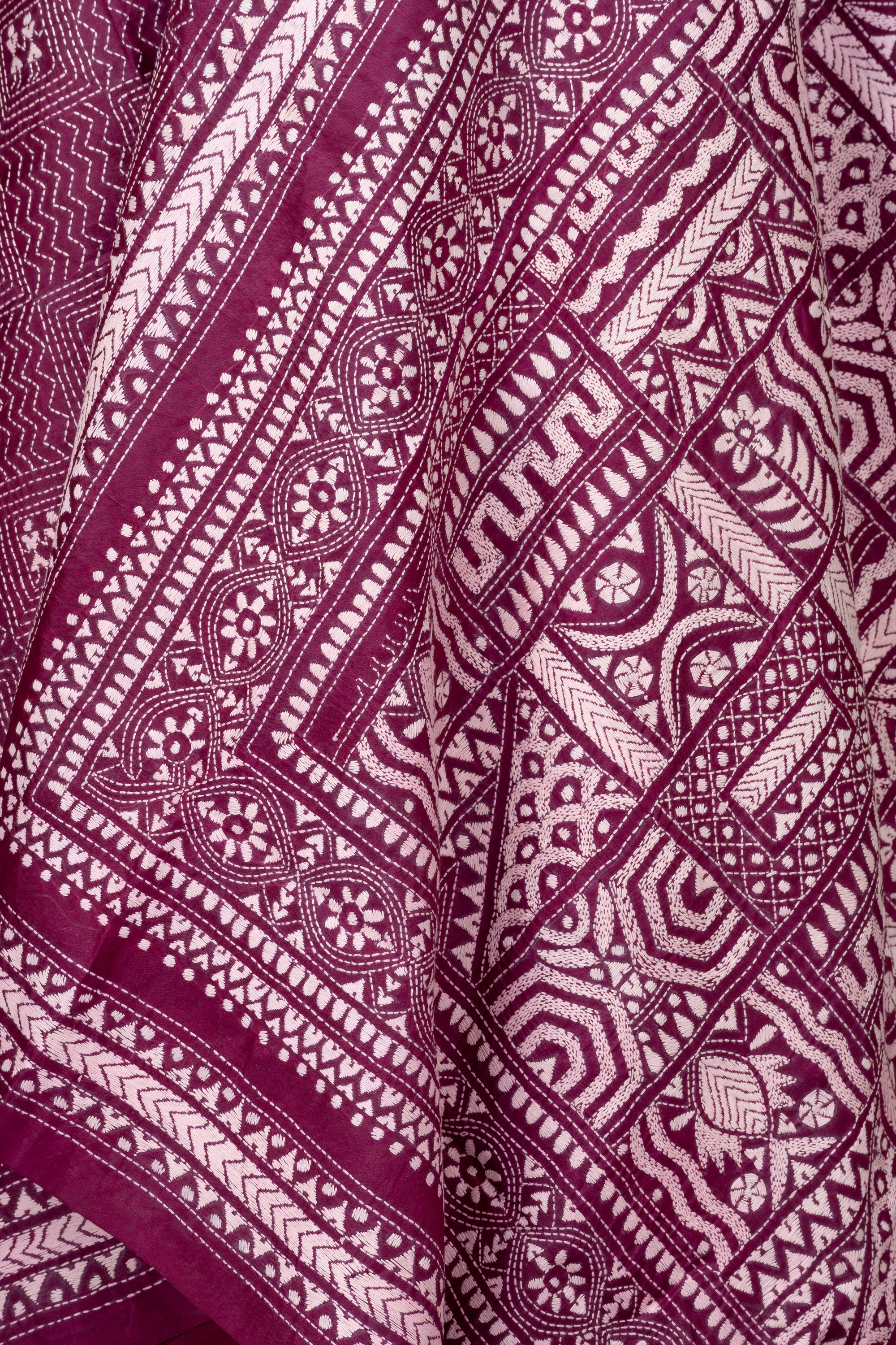 Jamun Purple Bengal Kantha Stitch Pure Silk Saree