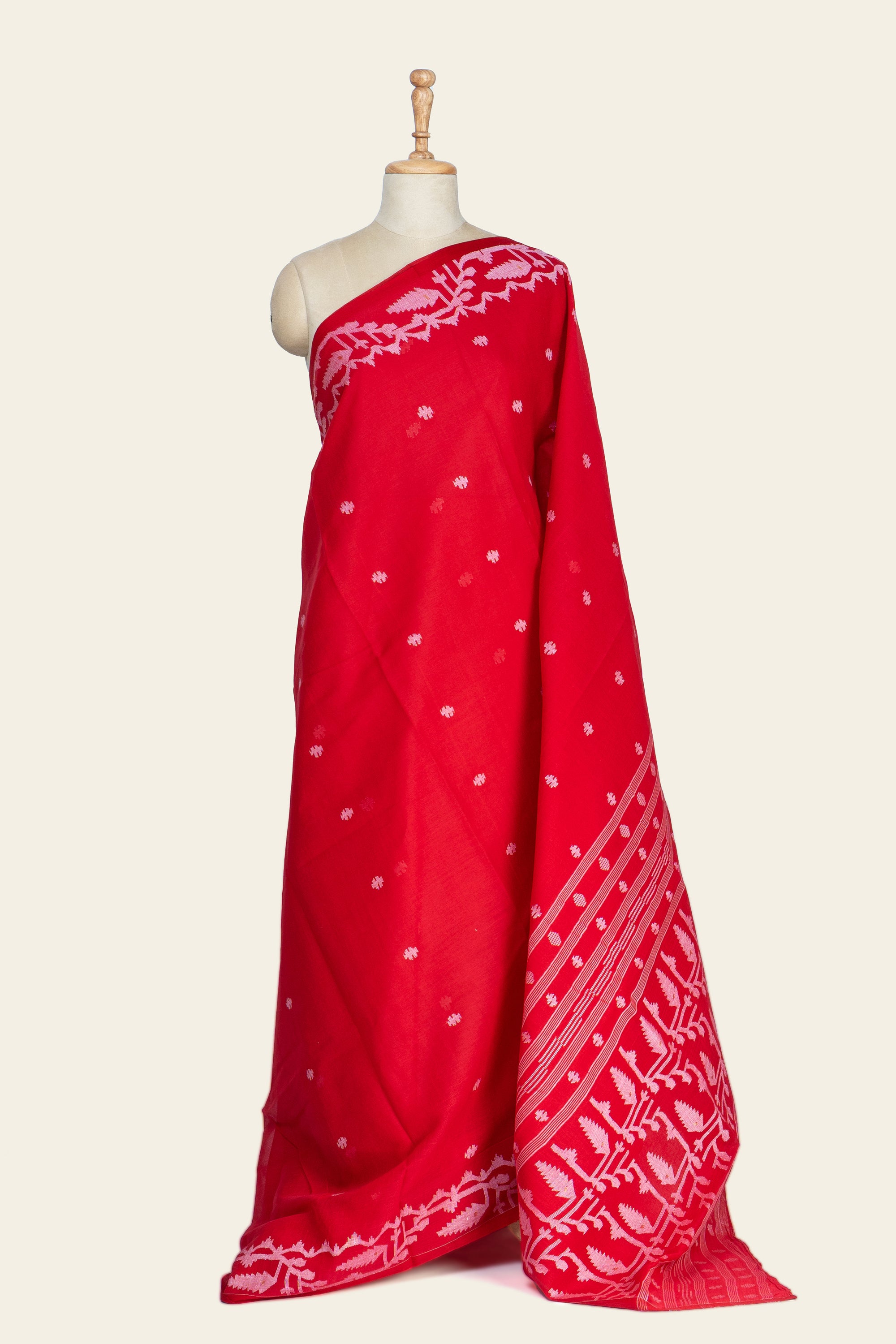 Vermilion Red Needle Jamdani Bengal Cotton Saree