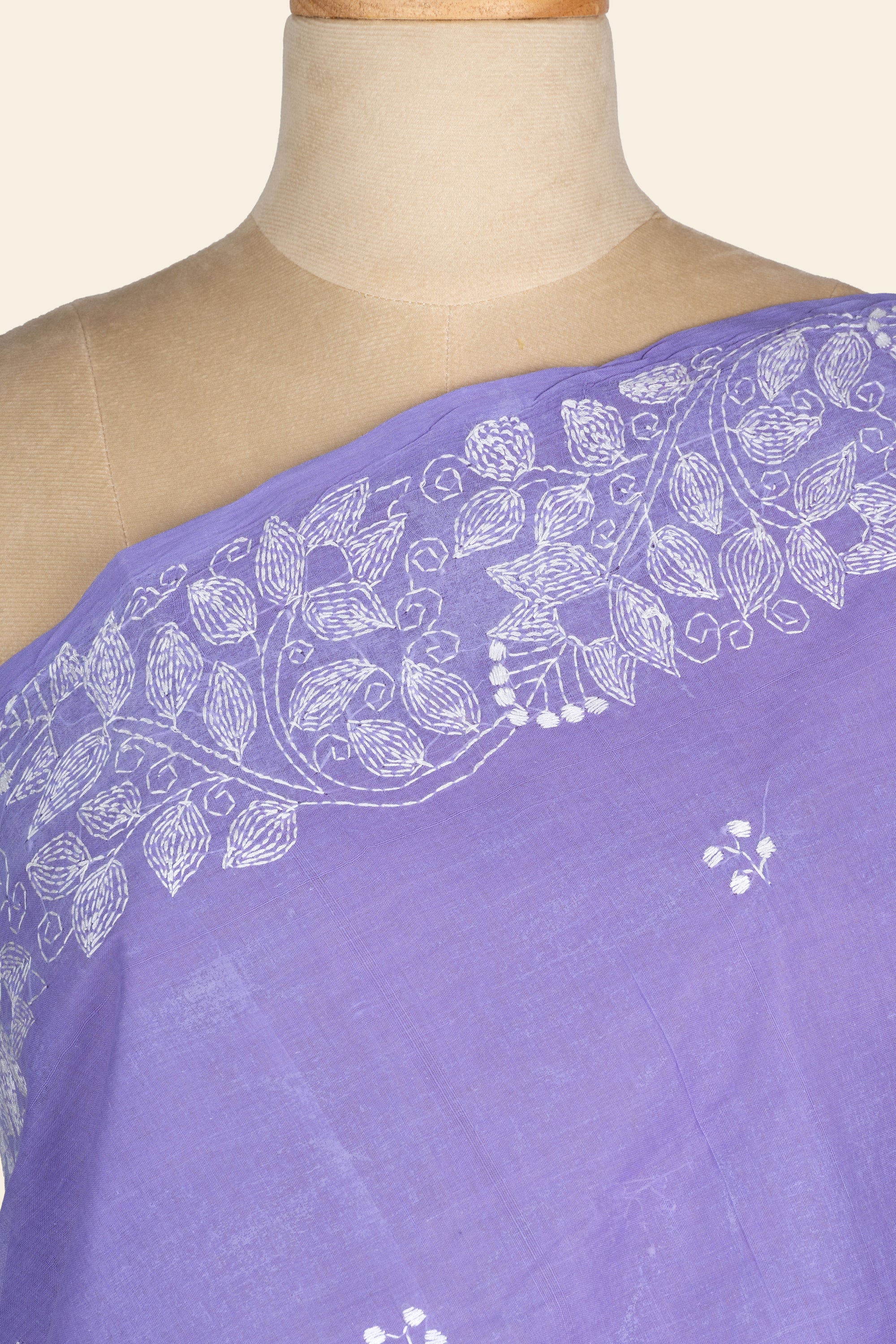 Lavender Bengal Kantha Stitch Pure Cotton Saree