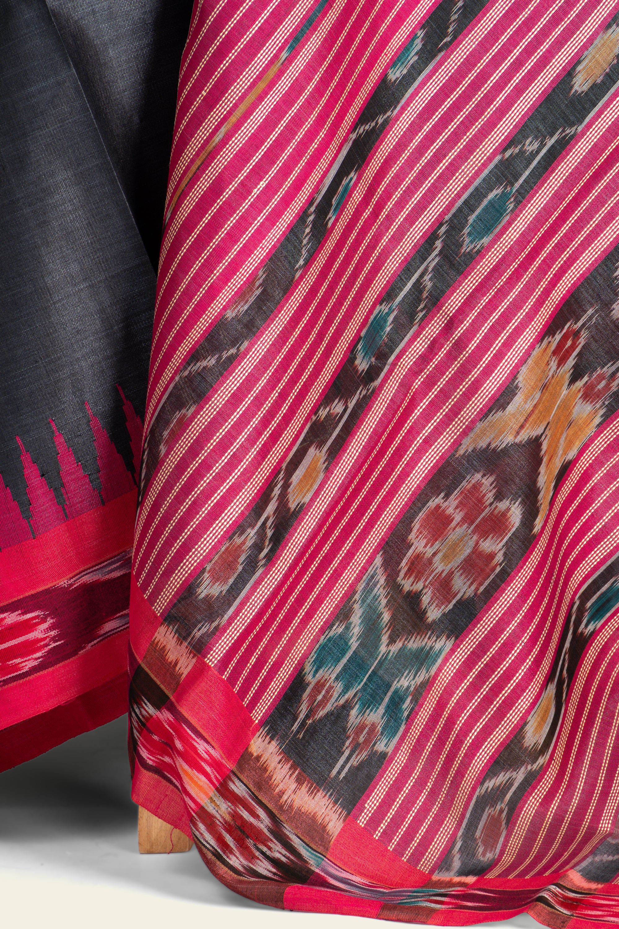 Black and Pink Sambalpuri Border Chhattisgarh Pure Tussar Silk Saree