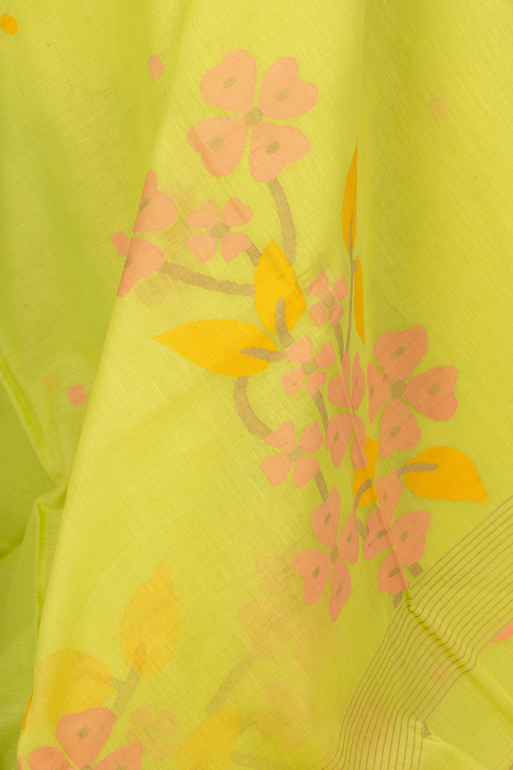 Lime Green Handwoven Floral Jamdani Bengal Cotton Saree