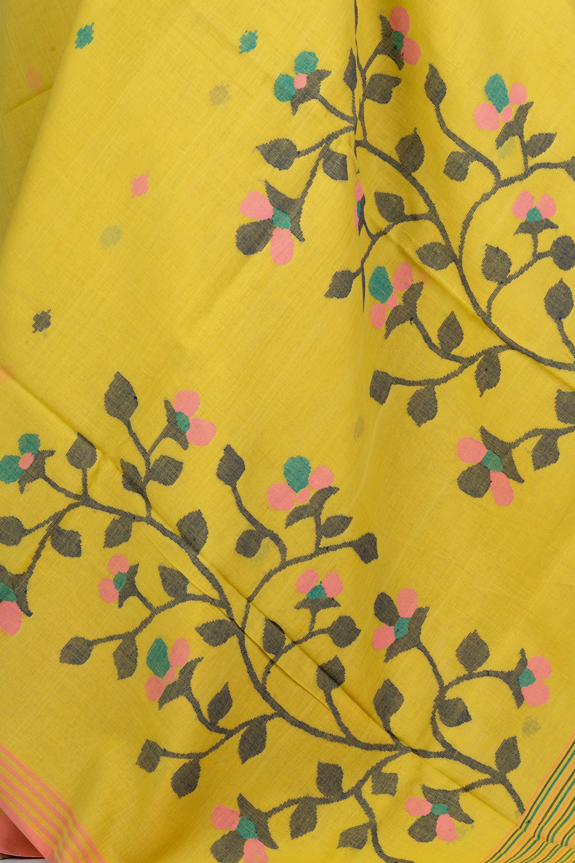Mustard Yellow Handwoven Jamdani Bengal Cotton Saree