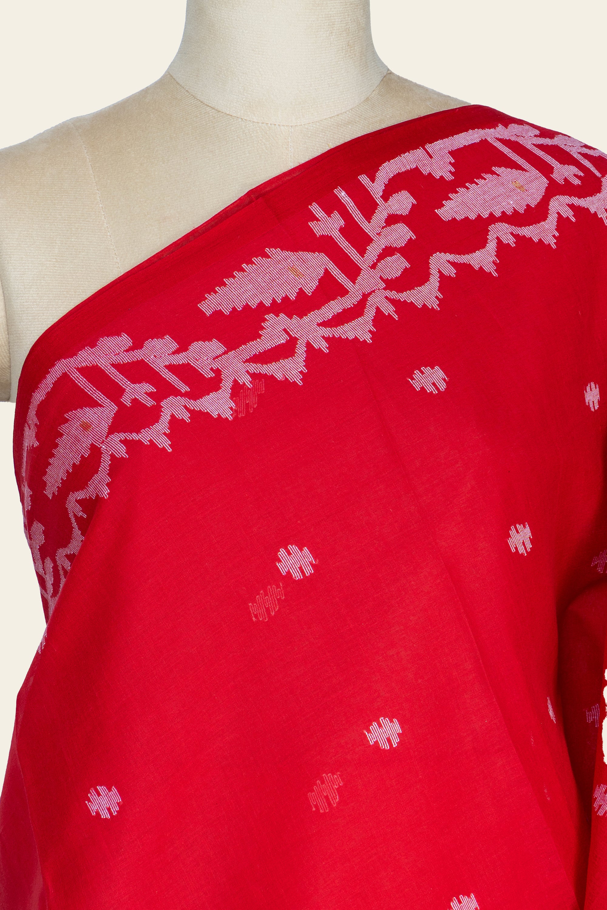 Vermilion Red Needle Jamdani Bengal Cotton Saree