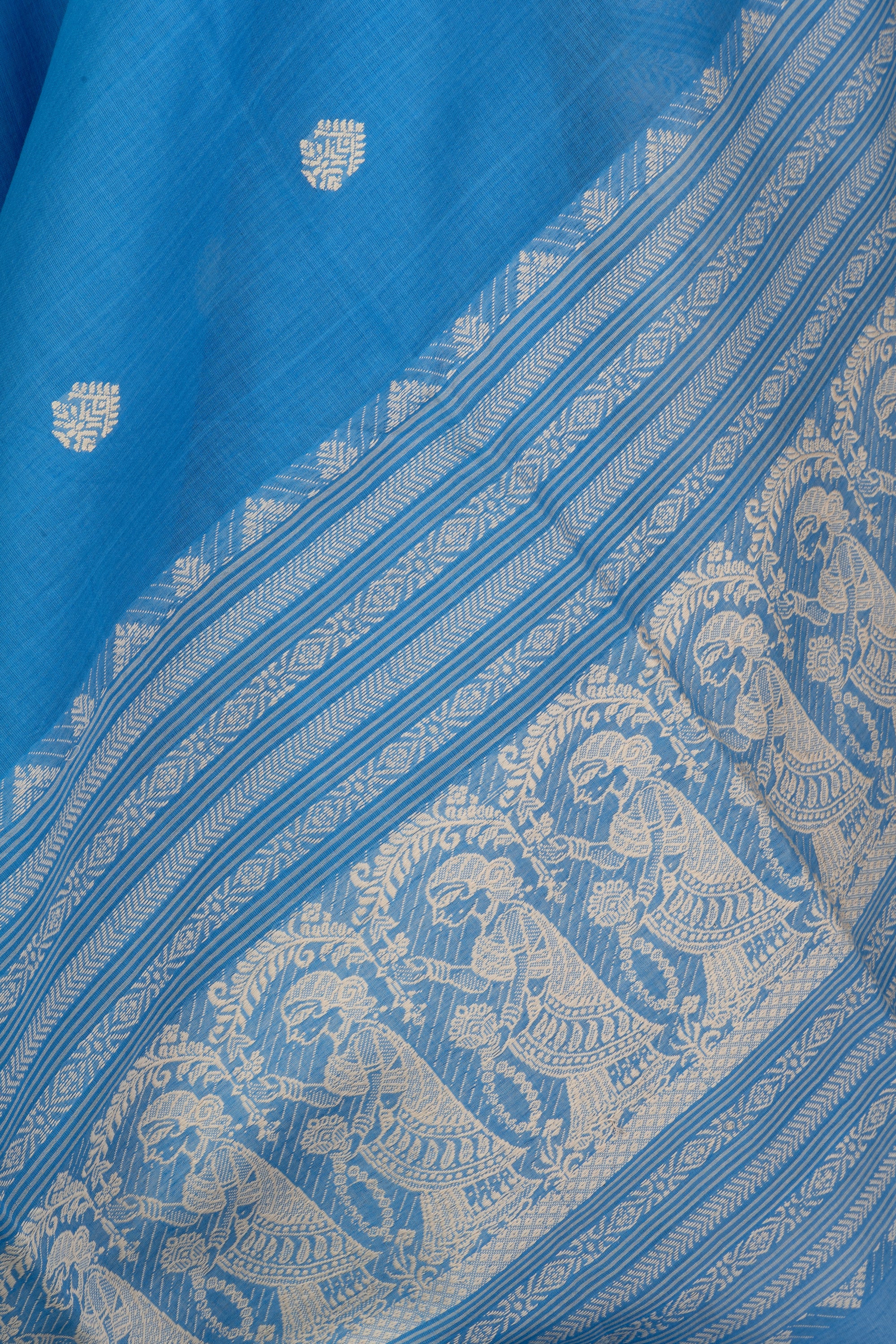 Powdered Blue Baluchuri Handwoven Bengal Cotton Saree