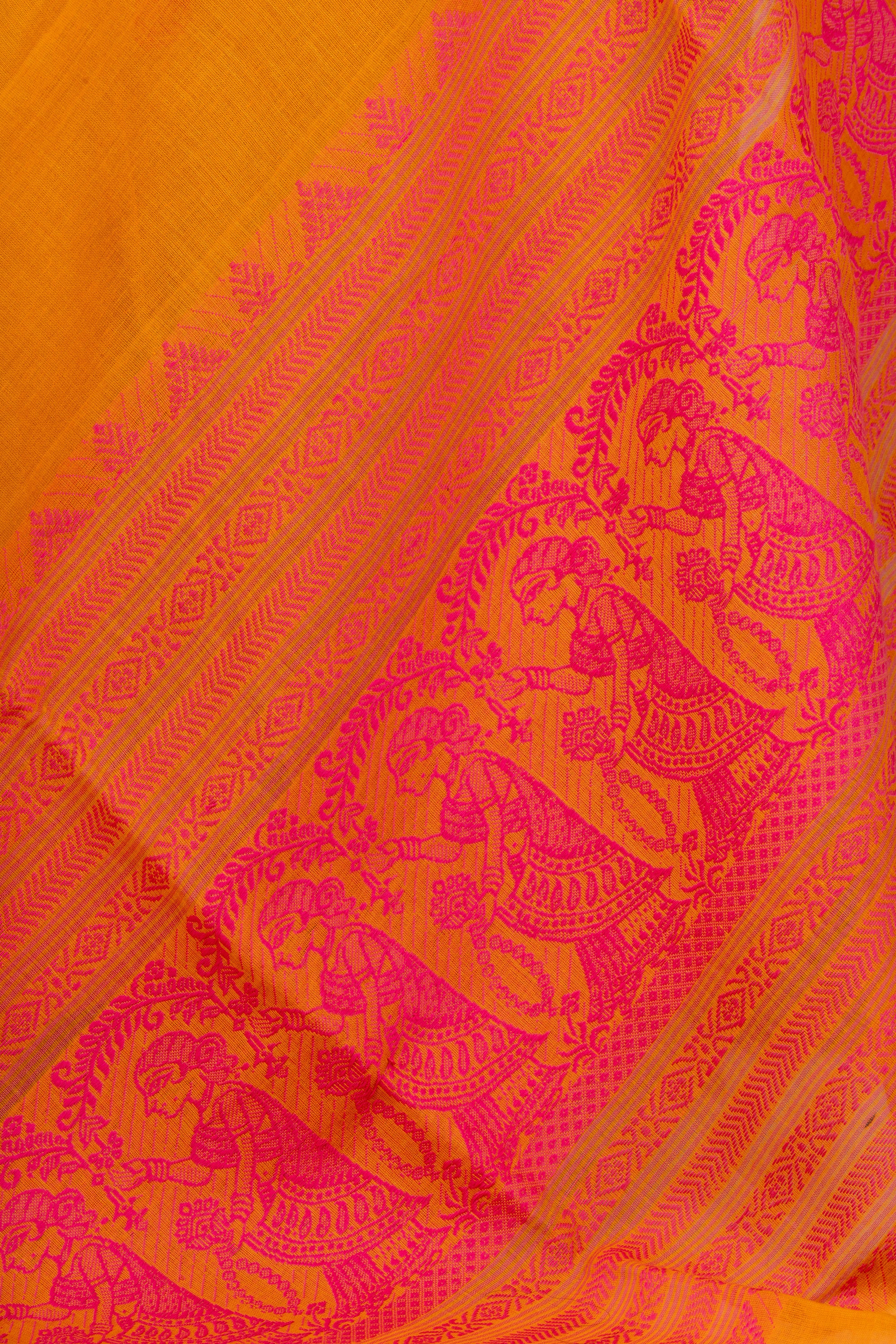 Sunset Orange Baluchuri Handwoven Bengal Cotton Saree