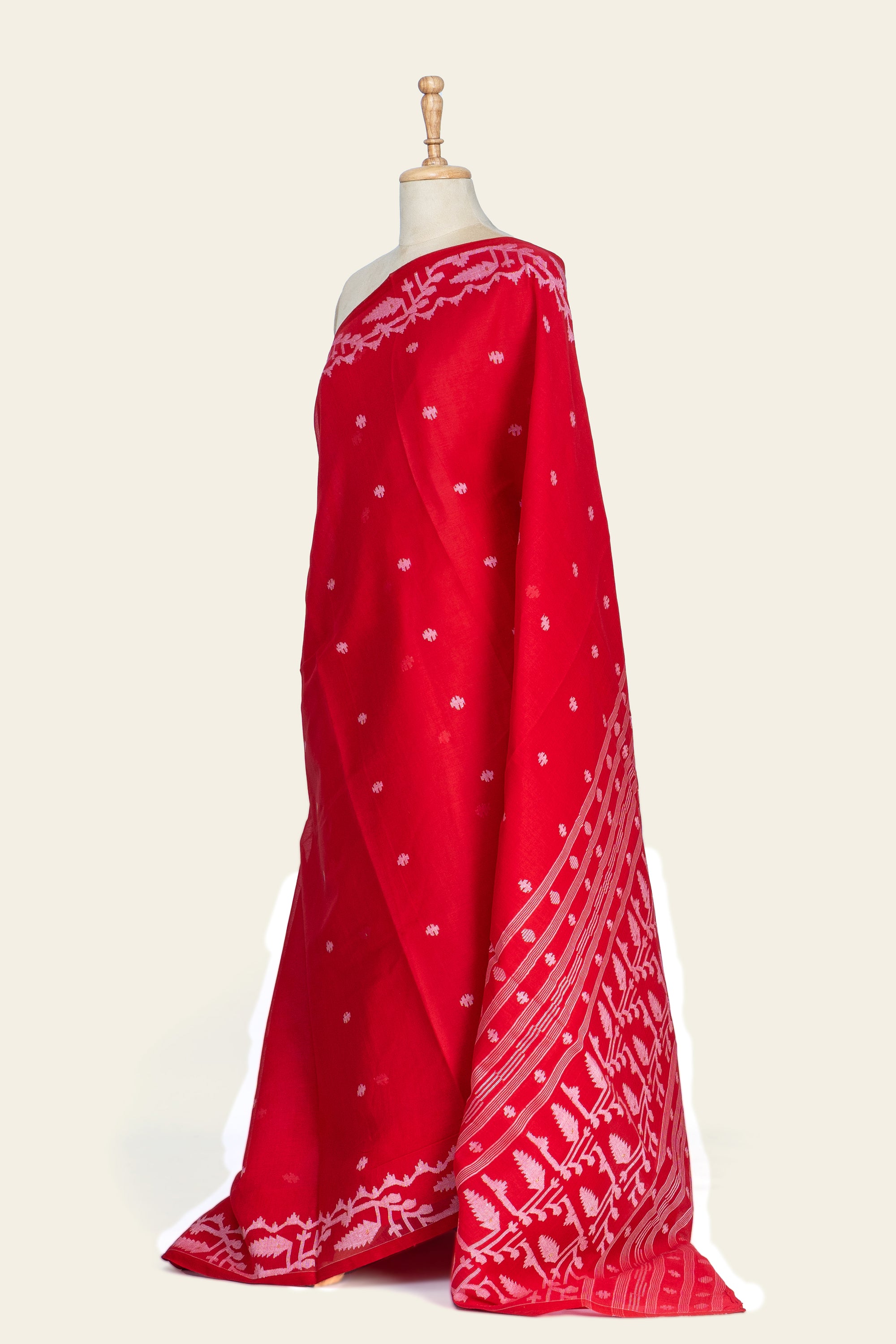 Vermilion Red Needle Jamdani Bengal Cotton Saree