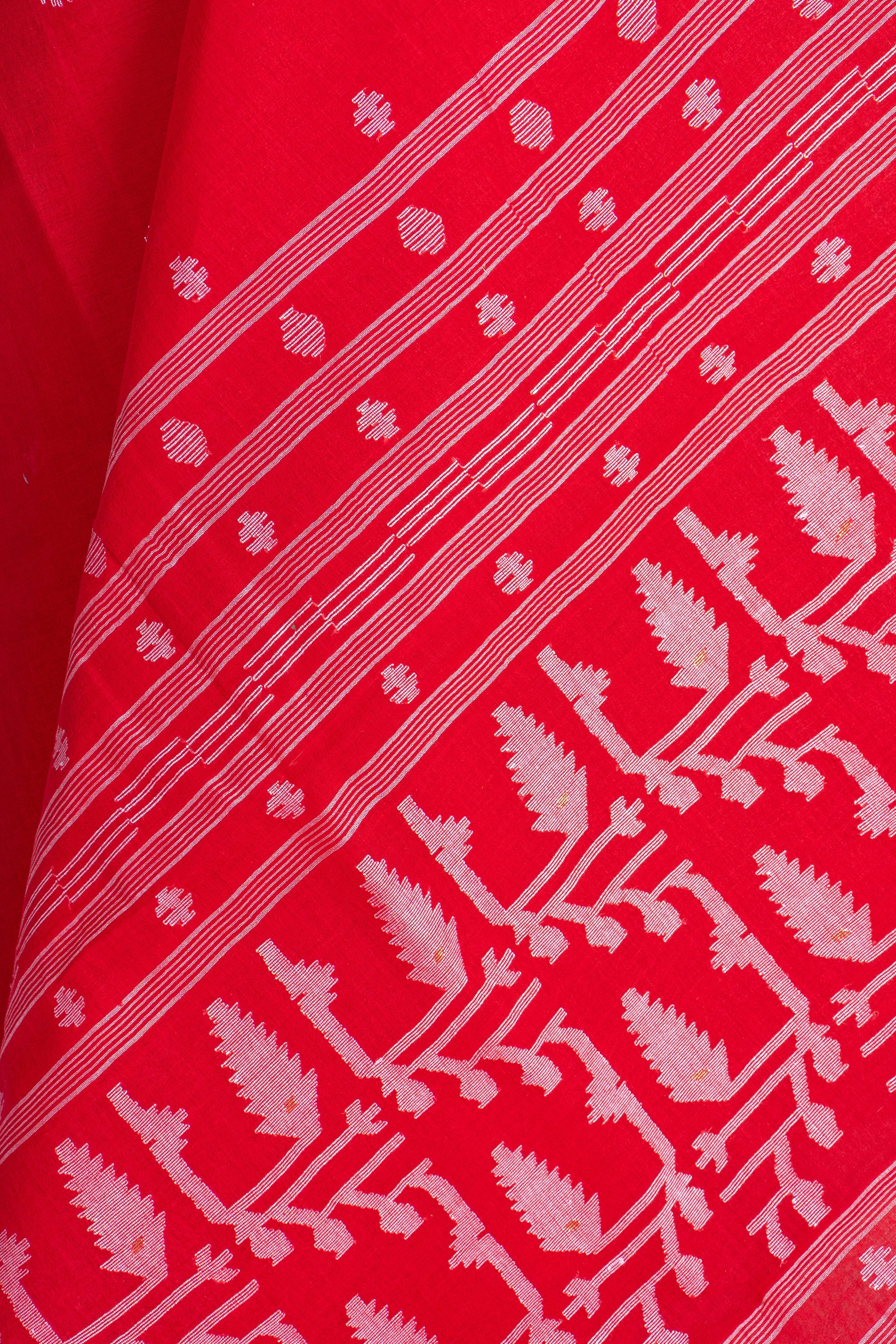 Vermilion Red Needle Jamdani Bengal Cotton Saree