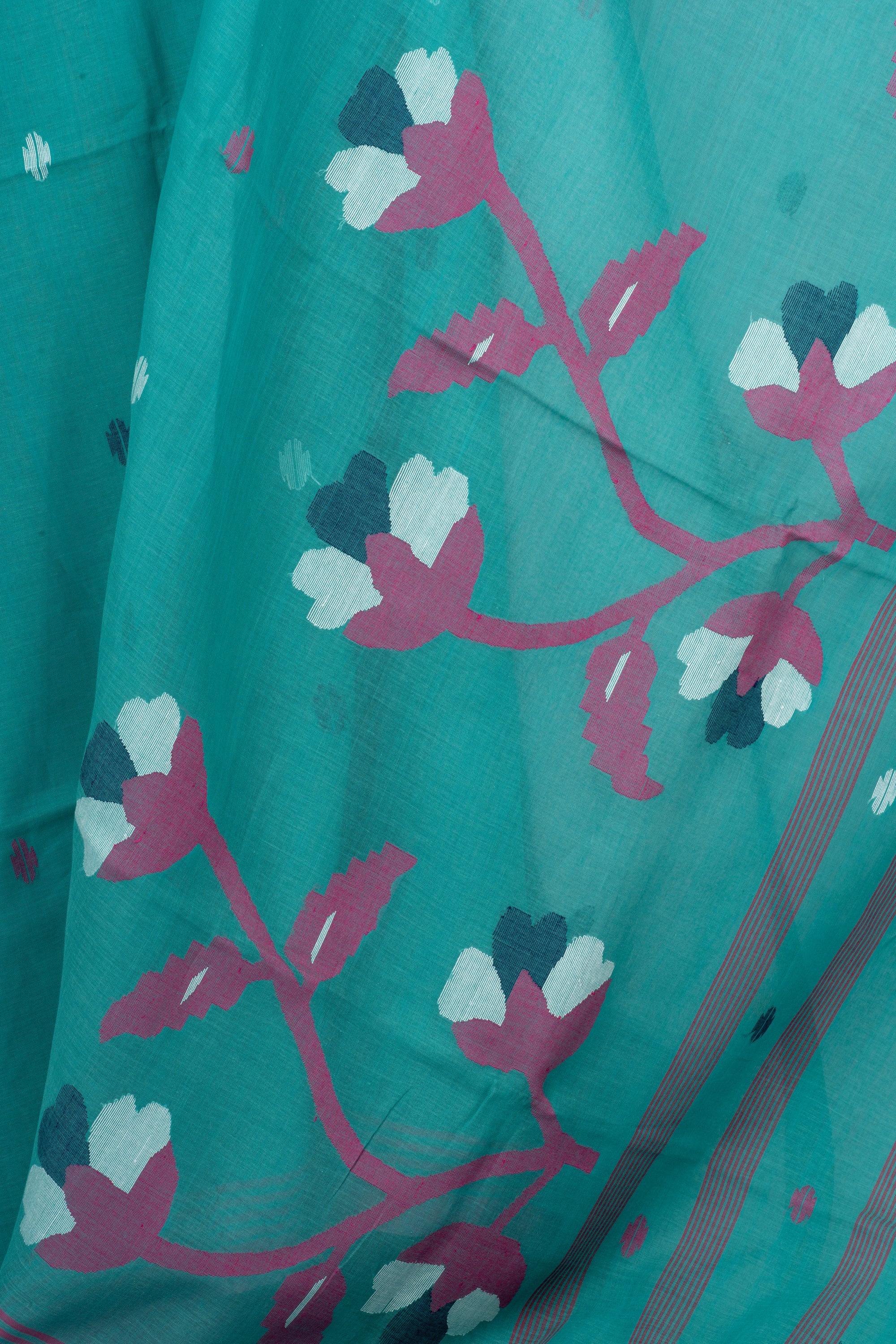 Teal Blue Handwoven Jamdani Bengal Cotton Saree
