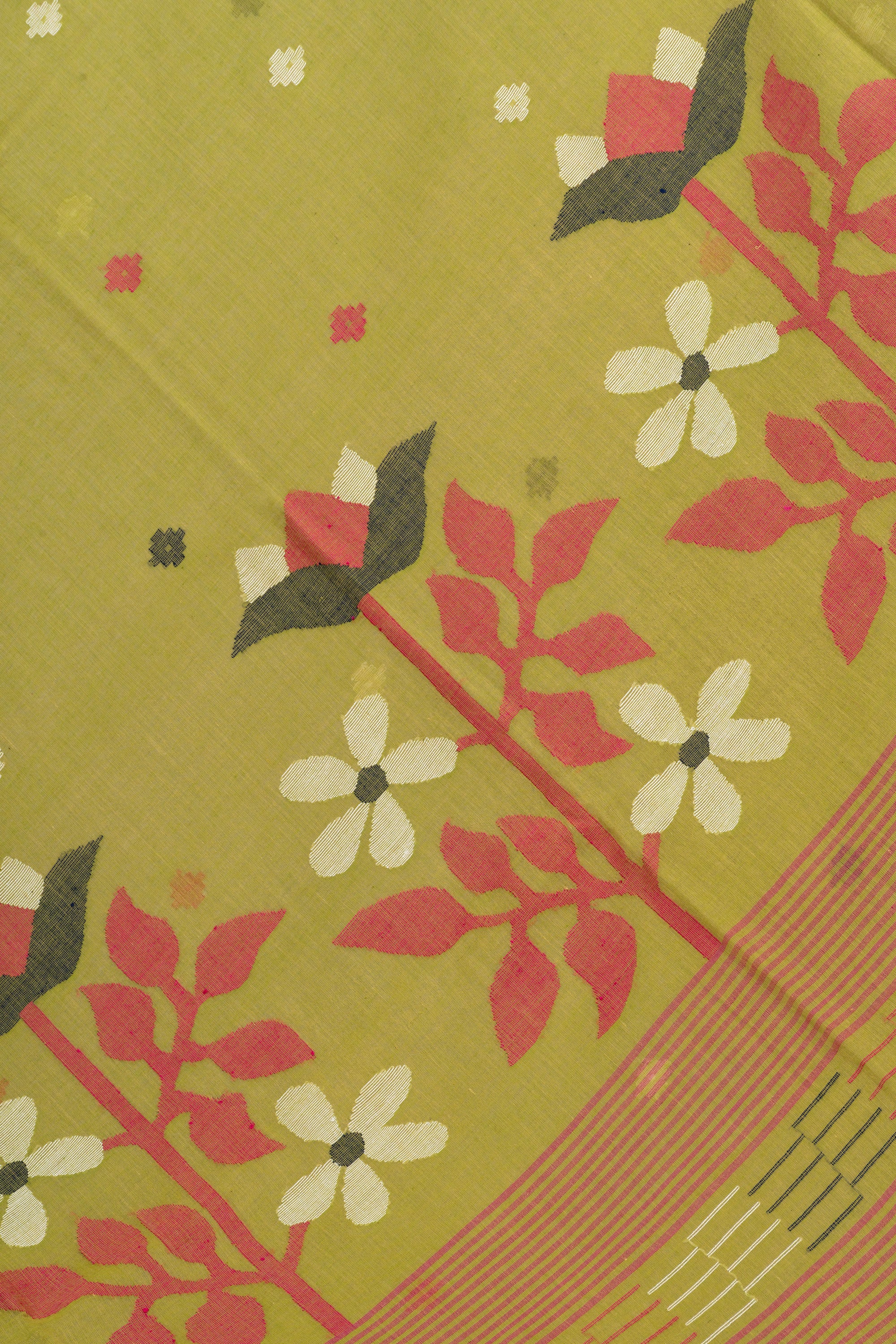 Olive Green Handwoven Jamdani Bengal Cotton Saree