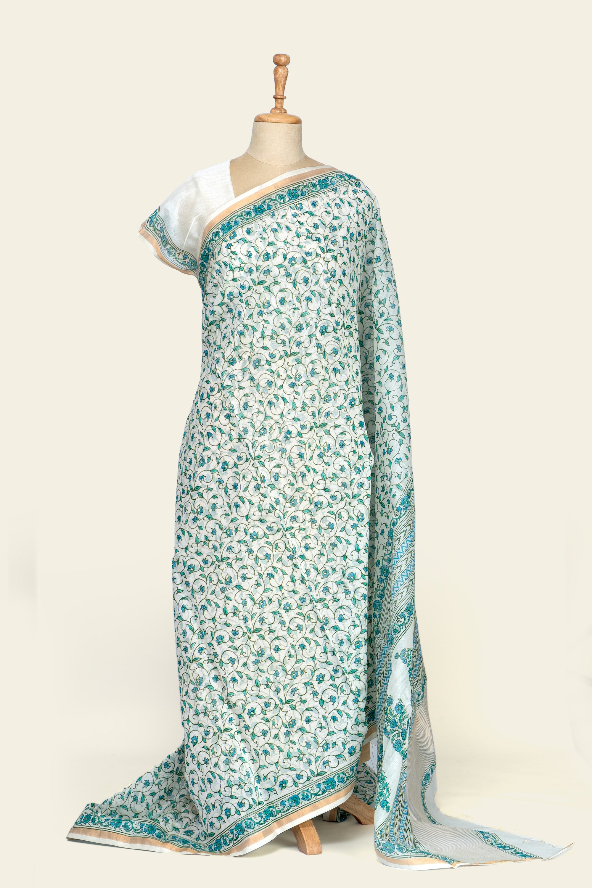 Natural and Green Handblock Print Maheshwari Silk Cotton Saree