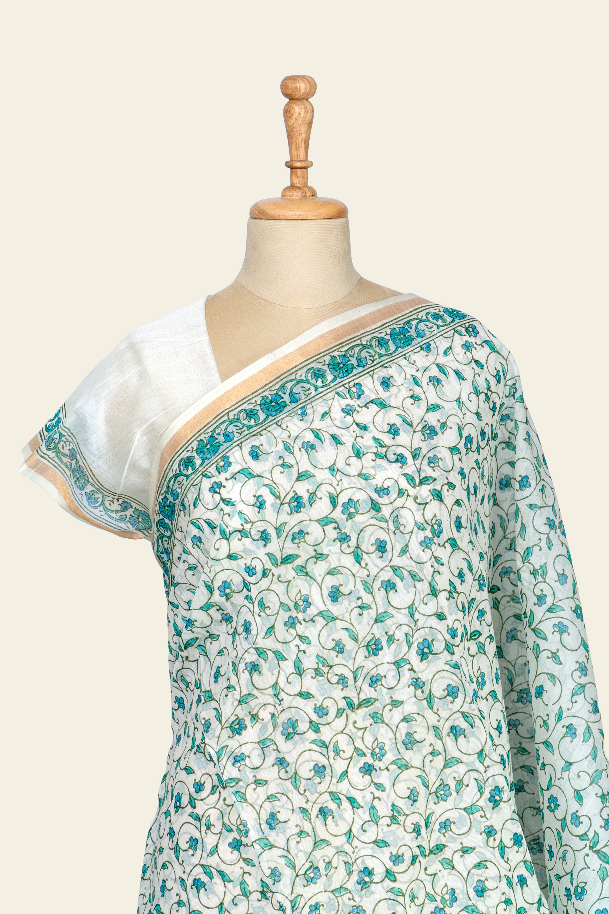 Natural and Green Handblock Print Maheshwari Silk Cotton Saree