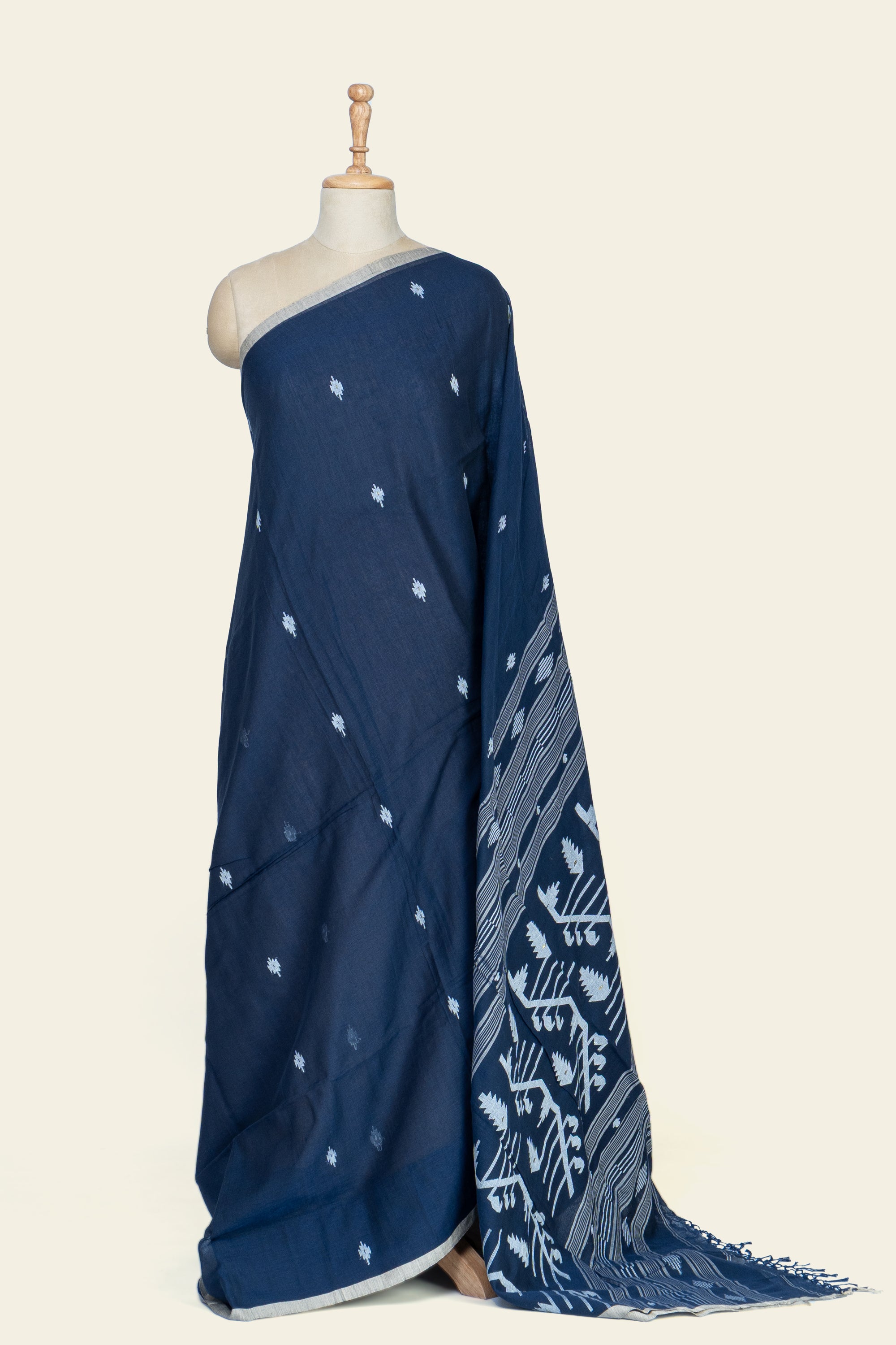 Navy Blue Needle Jamdani Bengal Cotton Saree