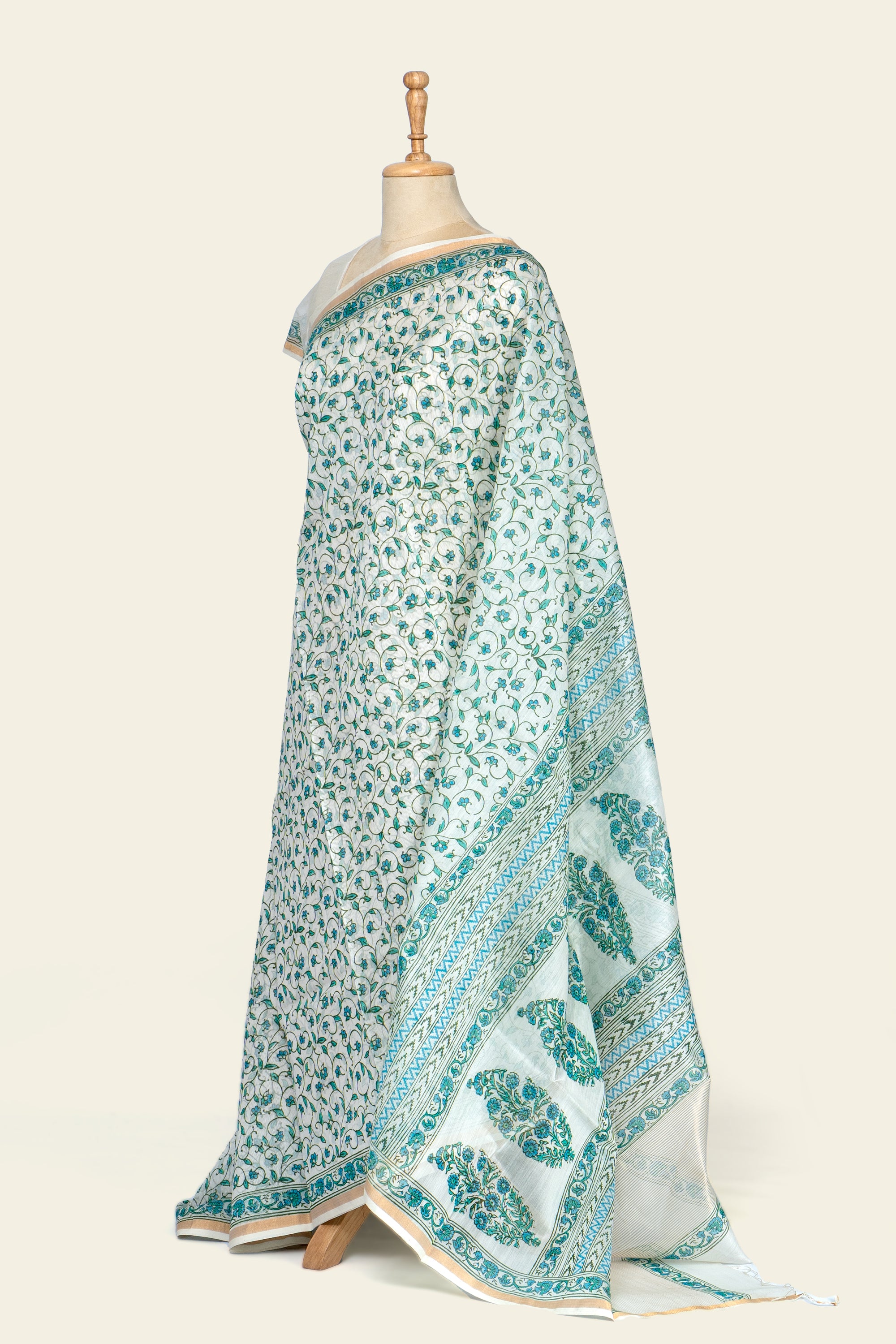 Natural and Green Handblock Print Maheshwari Silk Cotton Saree