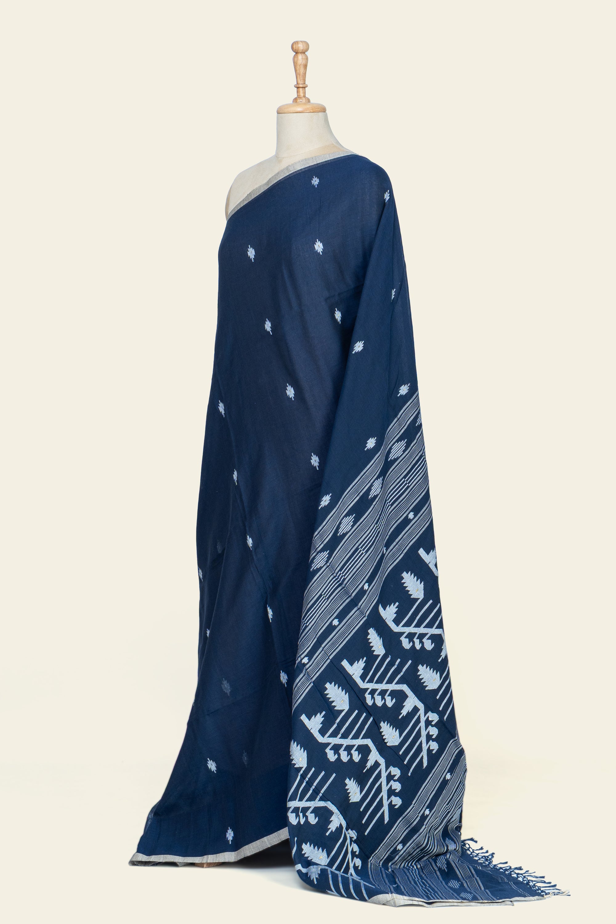 Navy Blue Needle Jamdani Bengal Cotton Saree