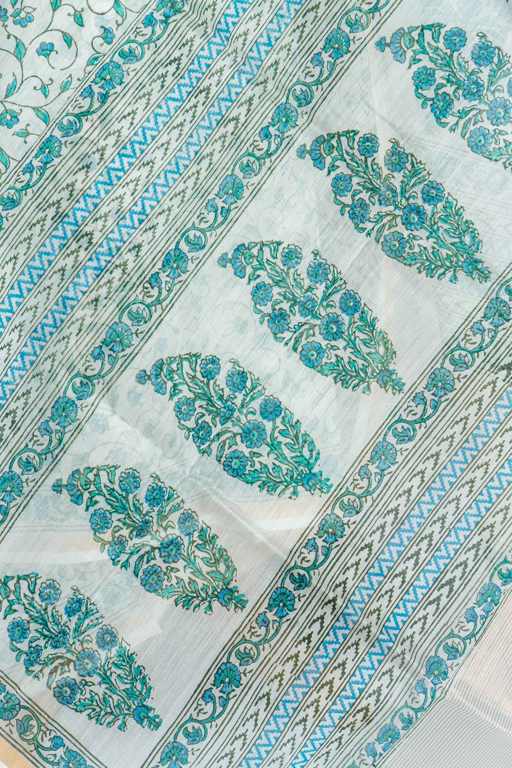 Natural and Green Handblock Print Maheshwari Silk Cotton Saree