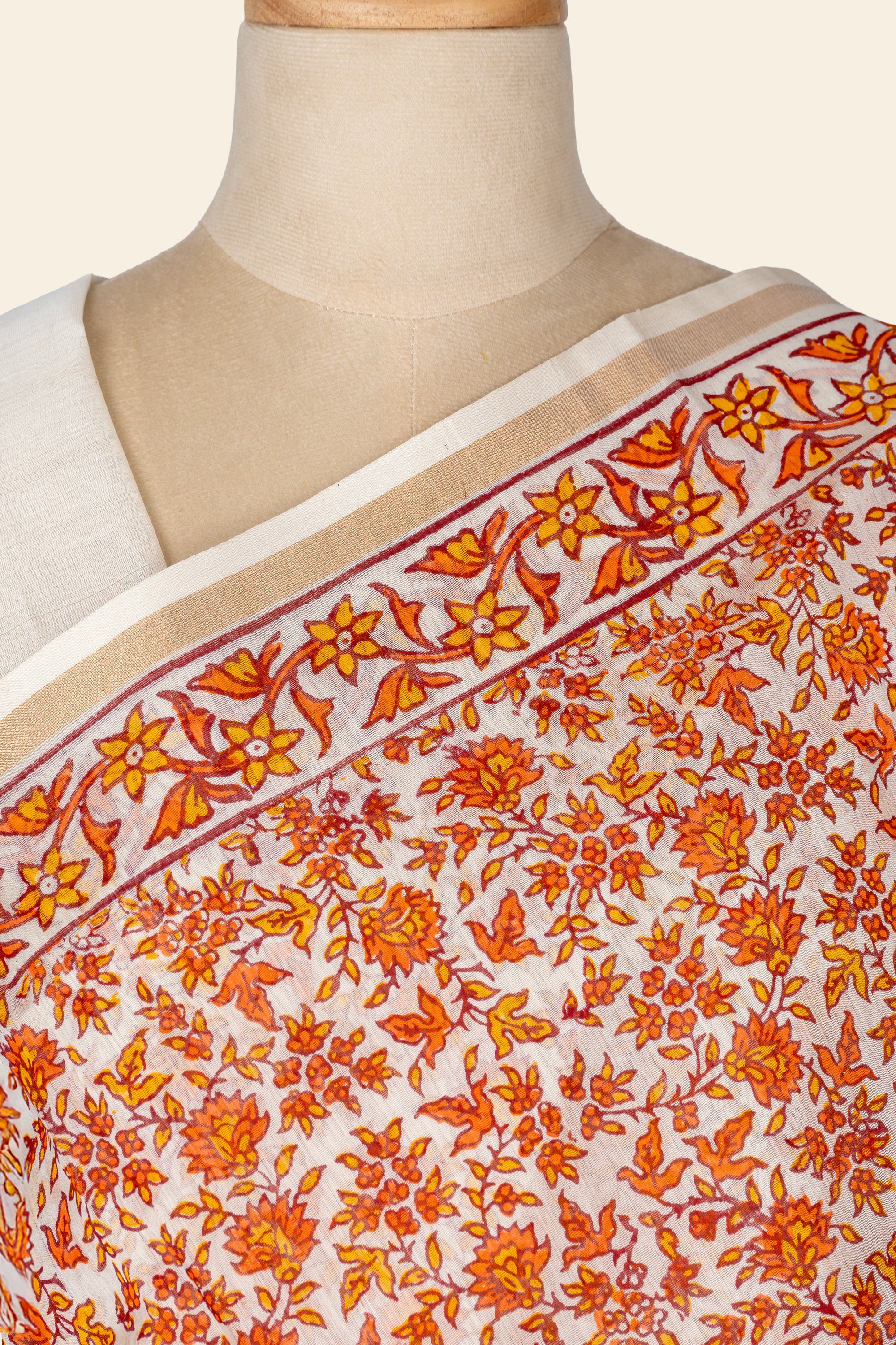 Natural and Orange Handblock Print Maheshwari Silk Cotton Saree