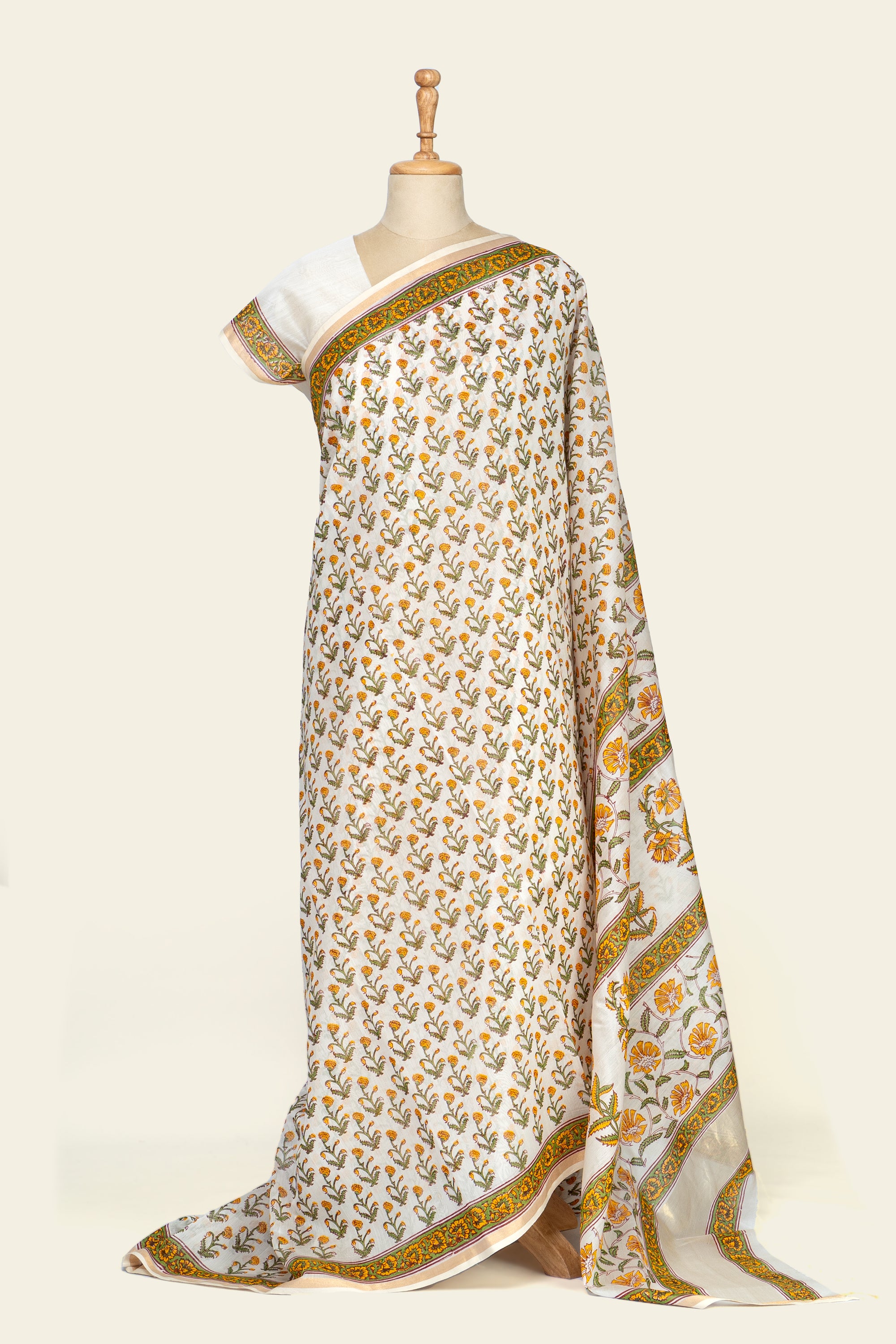 Natural and Yellow Handblock Print Maheshwari Silk Cotton Saree