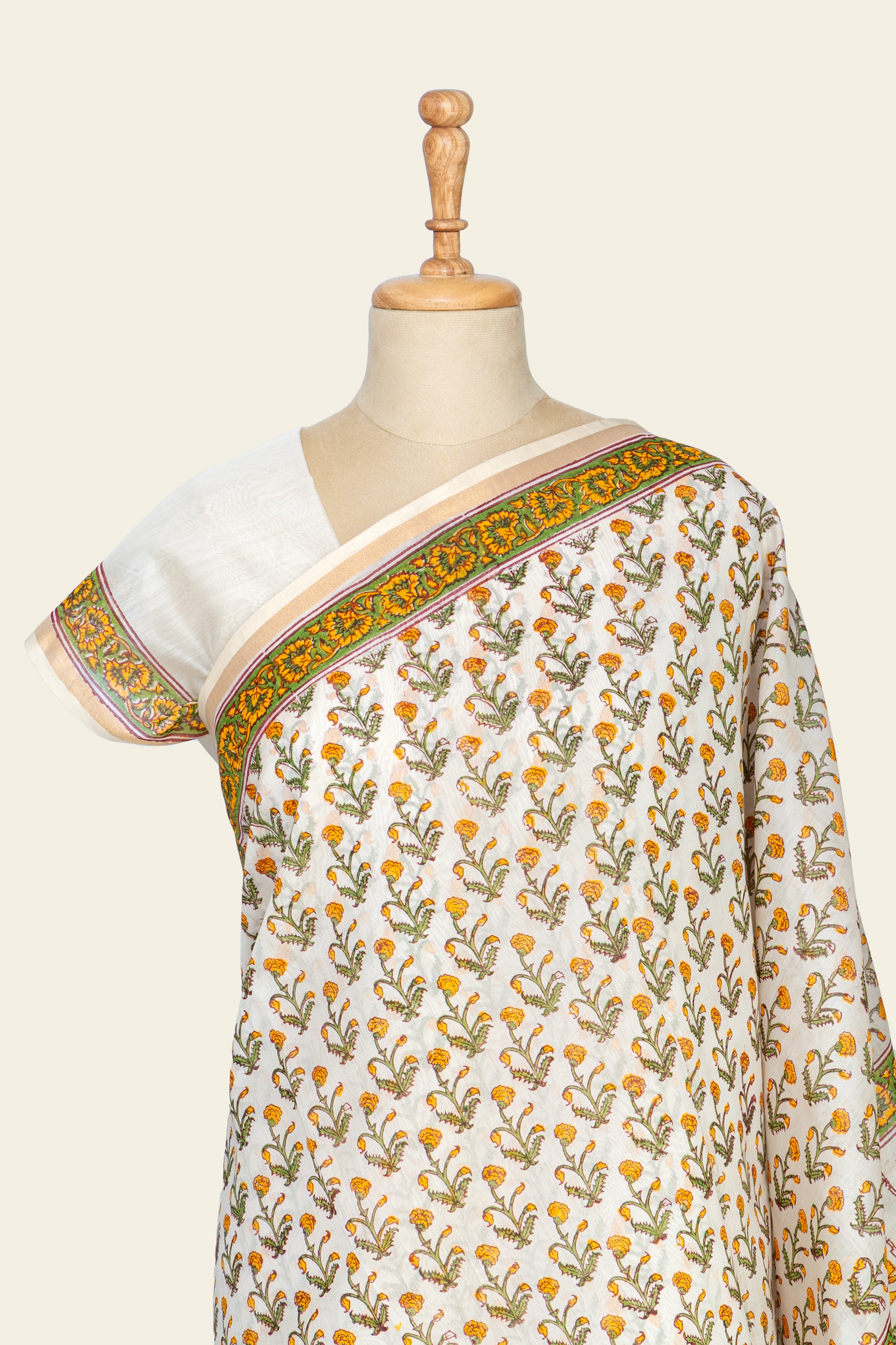 Natural and Yellow Handblock Print Maheshwari Silk Cotton Saree