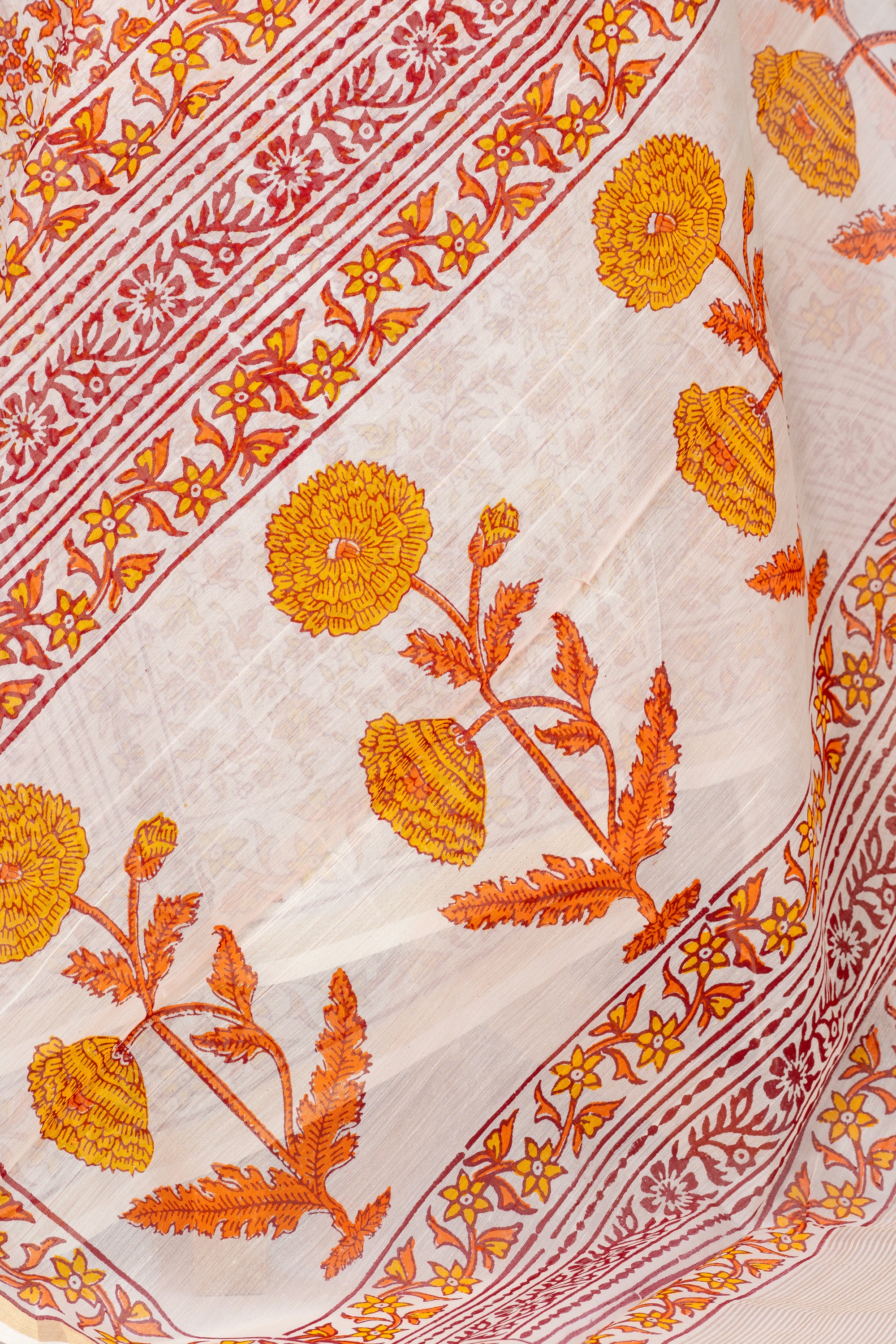 Natural and Orange Handblock Print Maheshwari Silk Cotton Saree