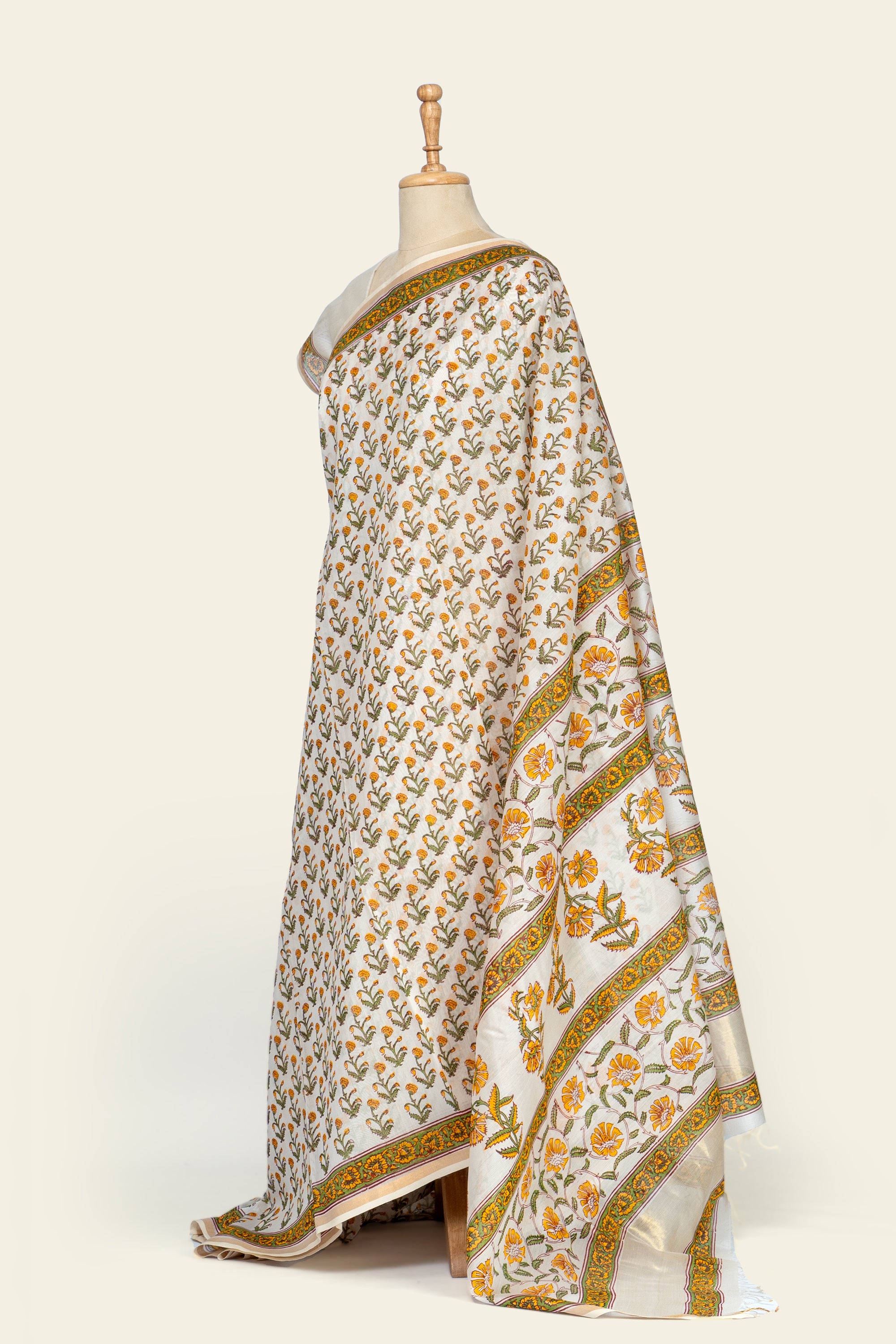 Natural and Yellow Handblock Print Maheshwari Silk Cotton Saree