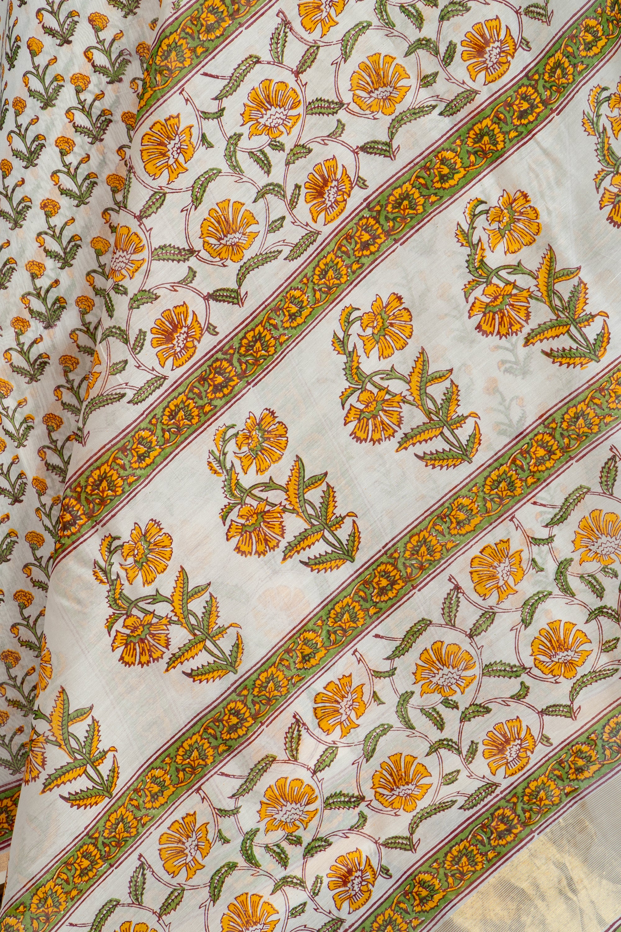 Natural and Yellow Handblock Print Maheshwari Silk Cotton Saree
