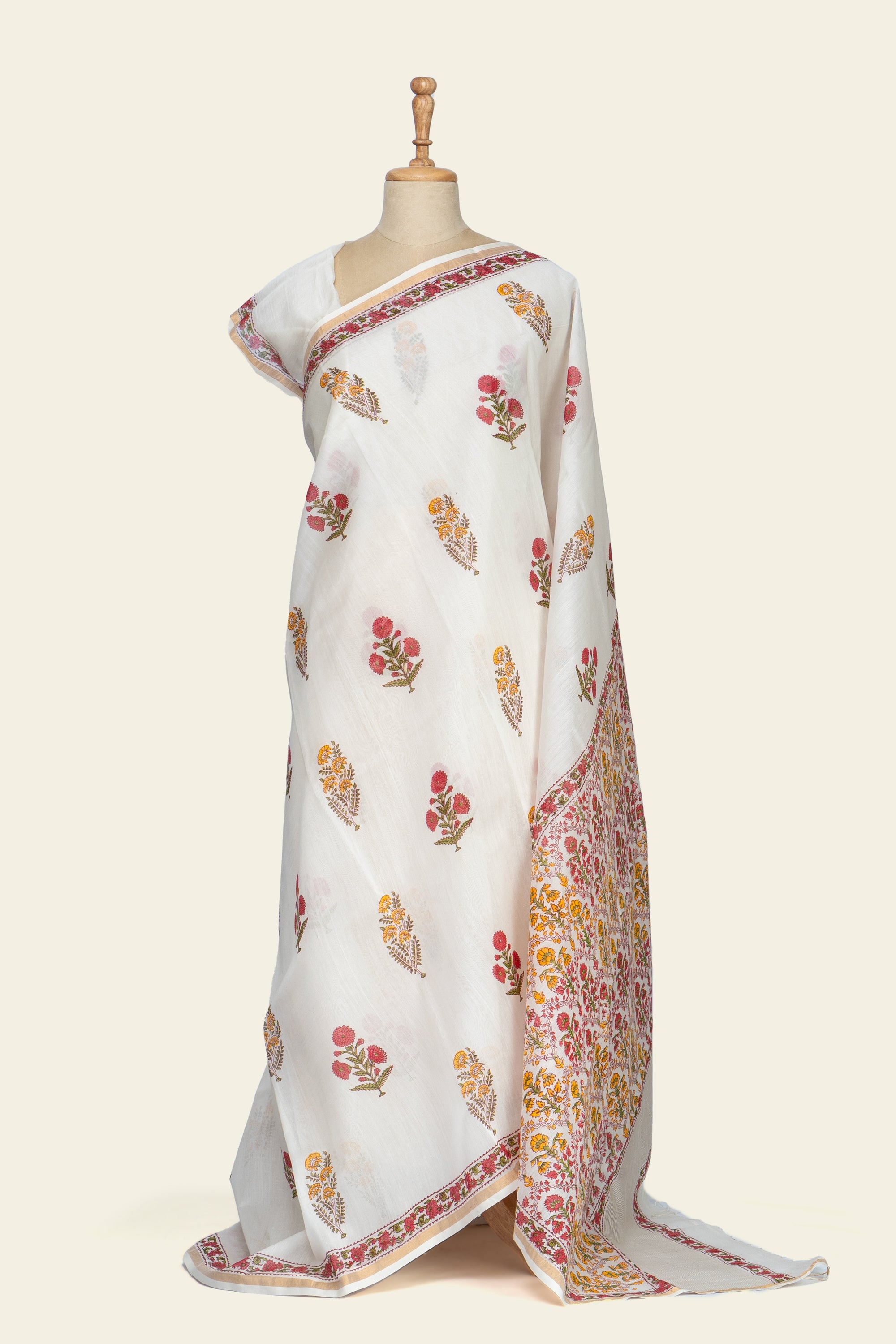 Natural and Pink Handblock Print Maheshwari Silk Cotton Saree