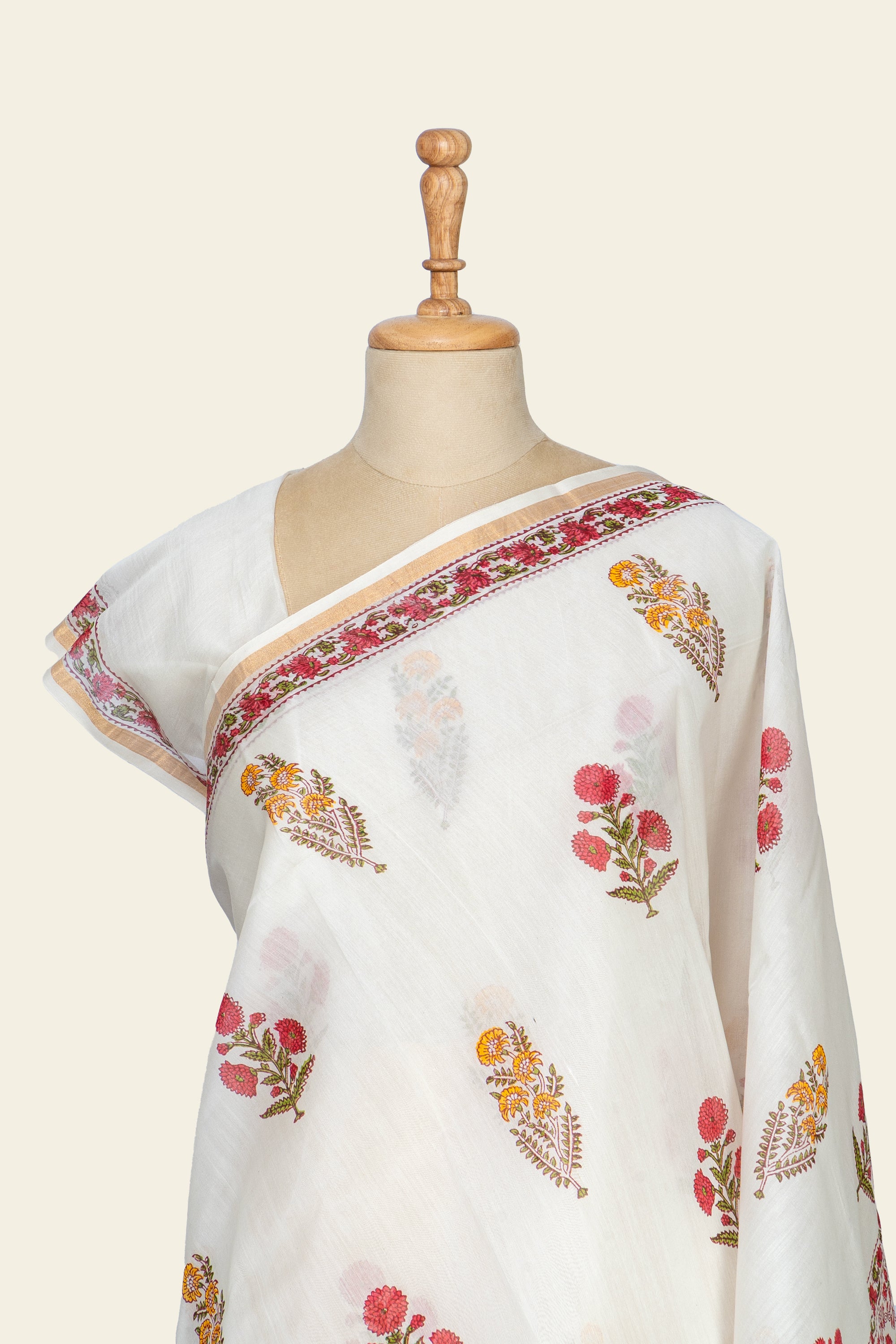 Natural and Pink Handblock Print Maheshwari Silk Cotton Saree