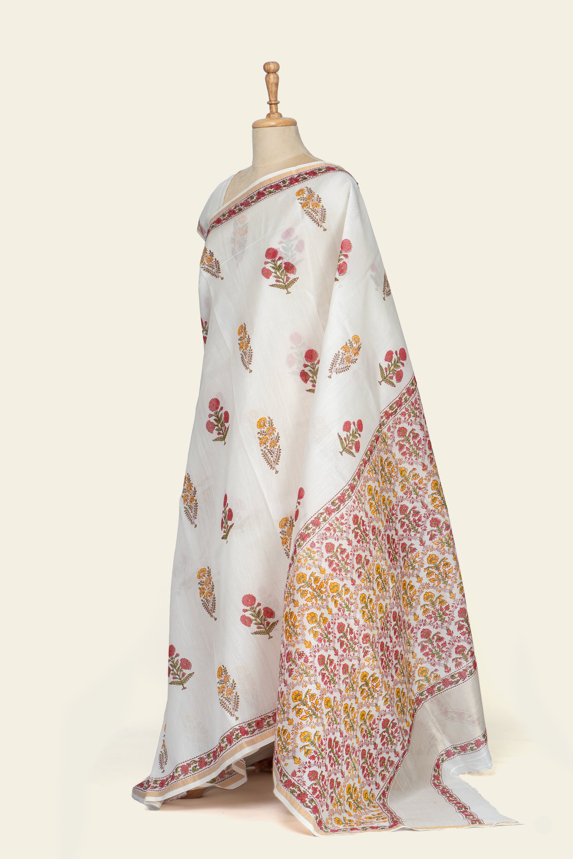 Natural and Pink Handblock Print Maheshwari Silk Cotton Saree