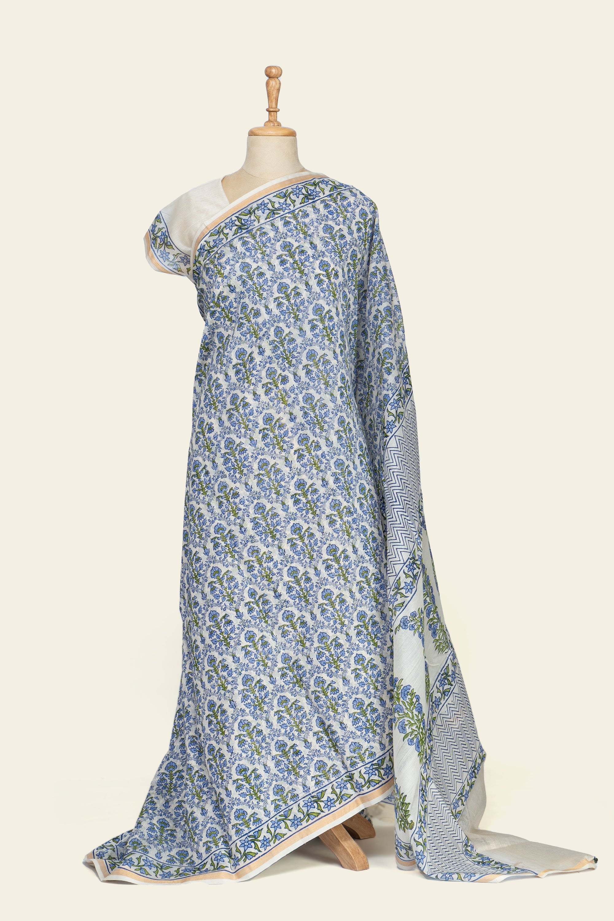 Natural and Blue Handblock Print Maheshwari Silk Cotton Saree