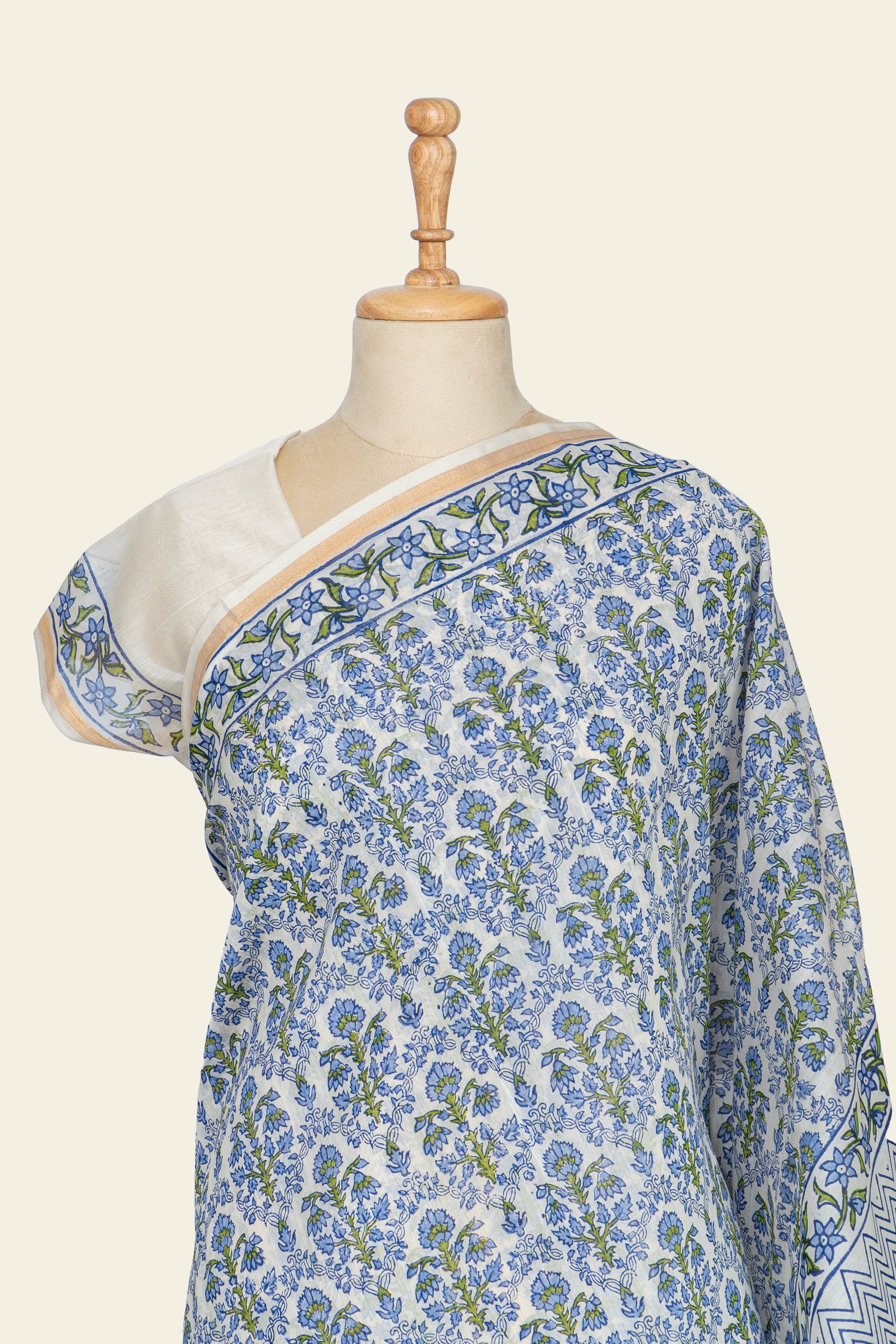 Natural and Blue Handblock Print Maheshwari Silk Cotton Saree