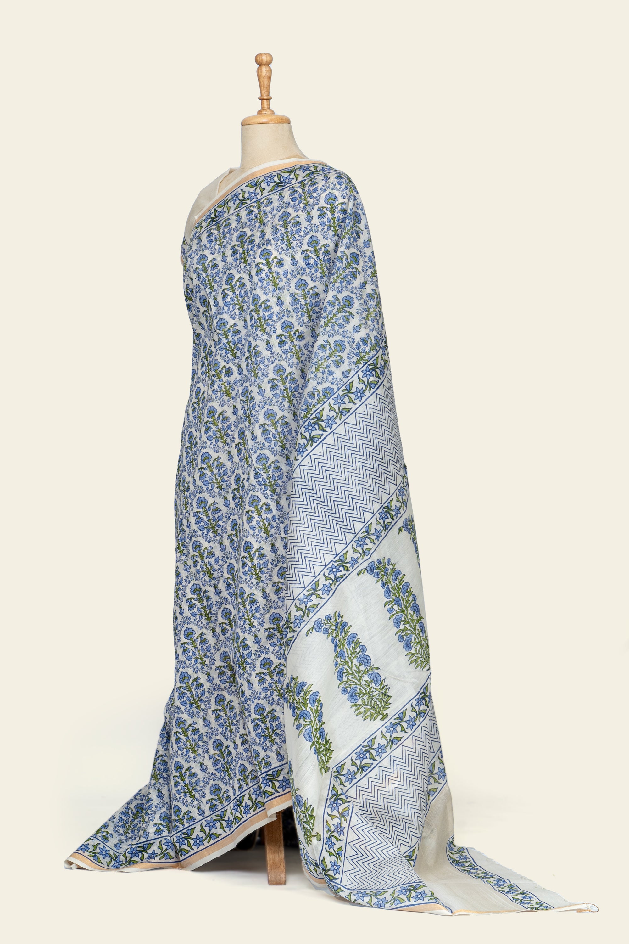 Natural and Blue Handblock Print Maheshwari Silk Cotton Saree