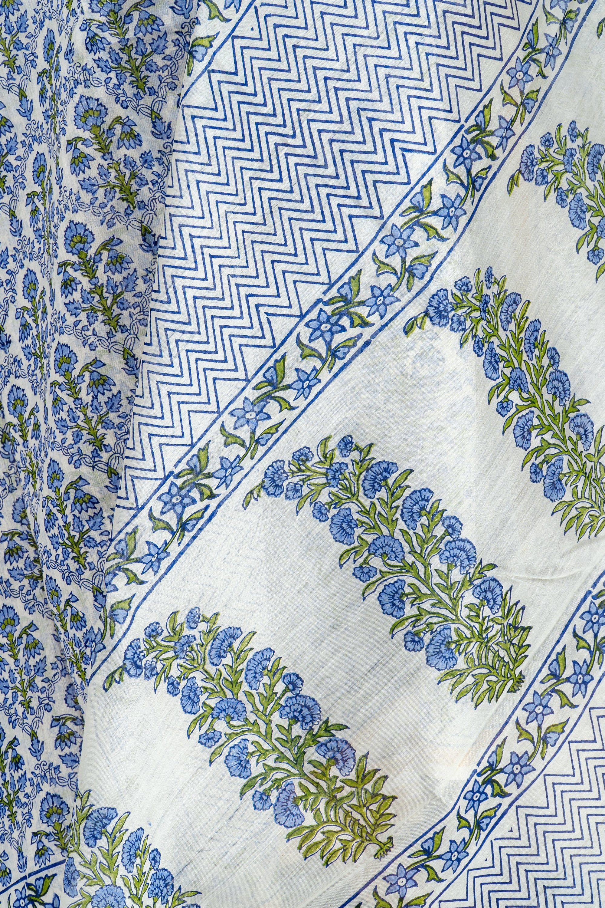 Natural and Blue Handblock Print Maheshwari Silk Cotton Saree