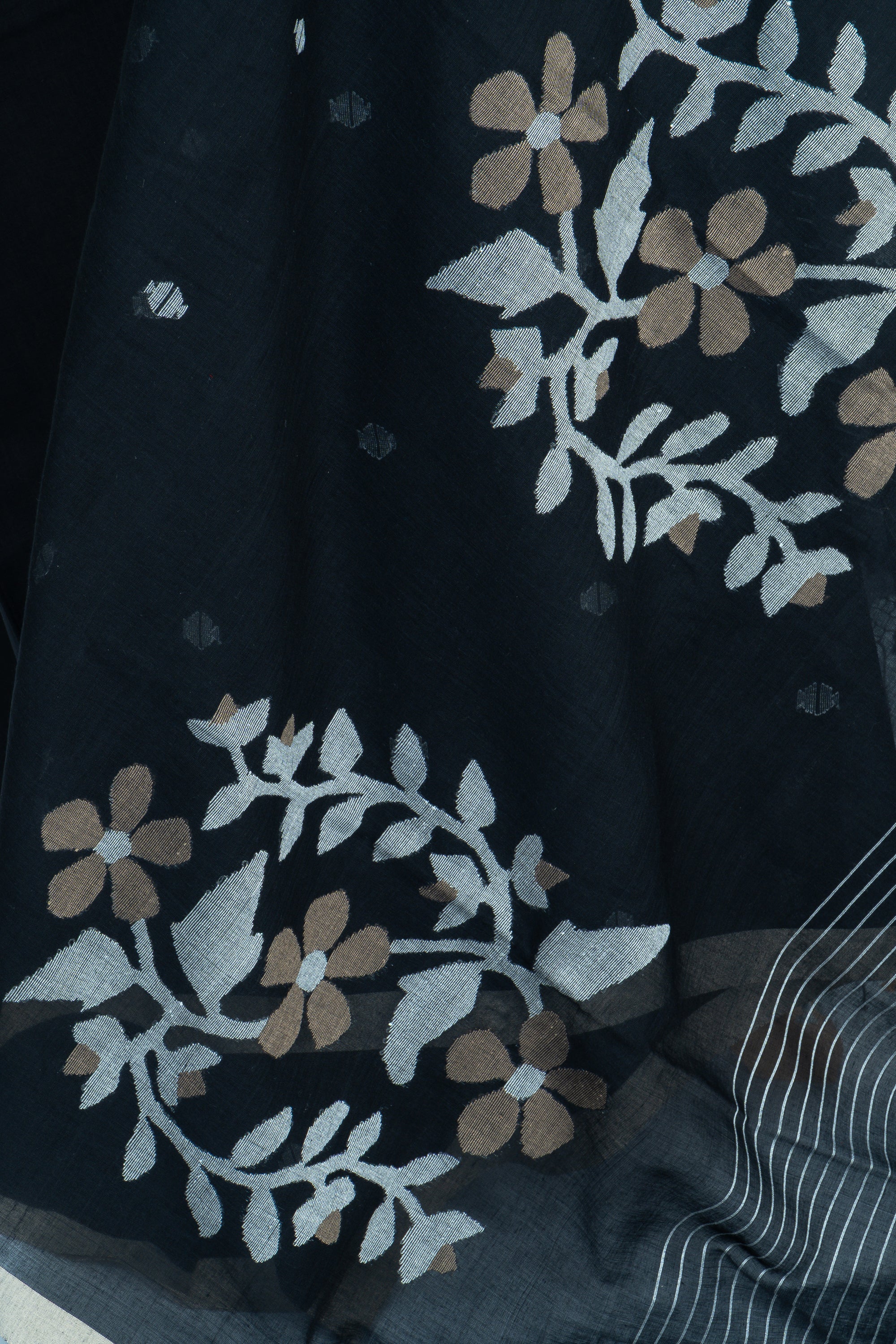 Solid Black Bengal Jamdani Cotton Saree