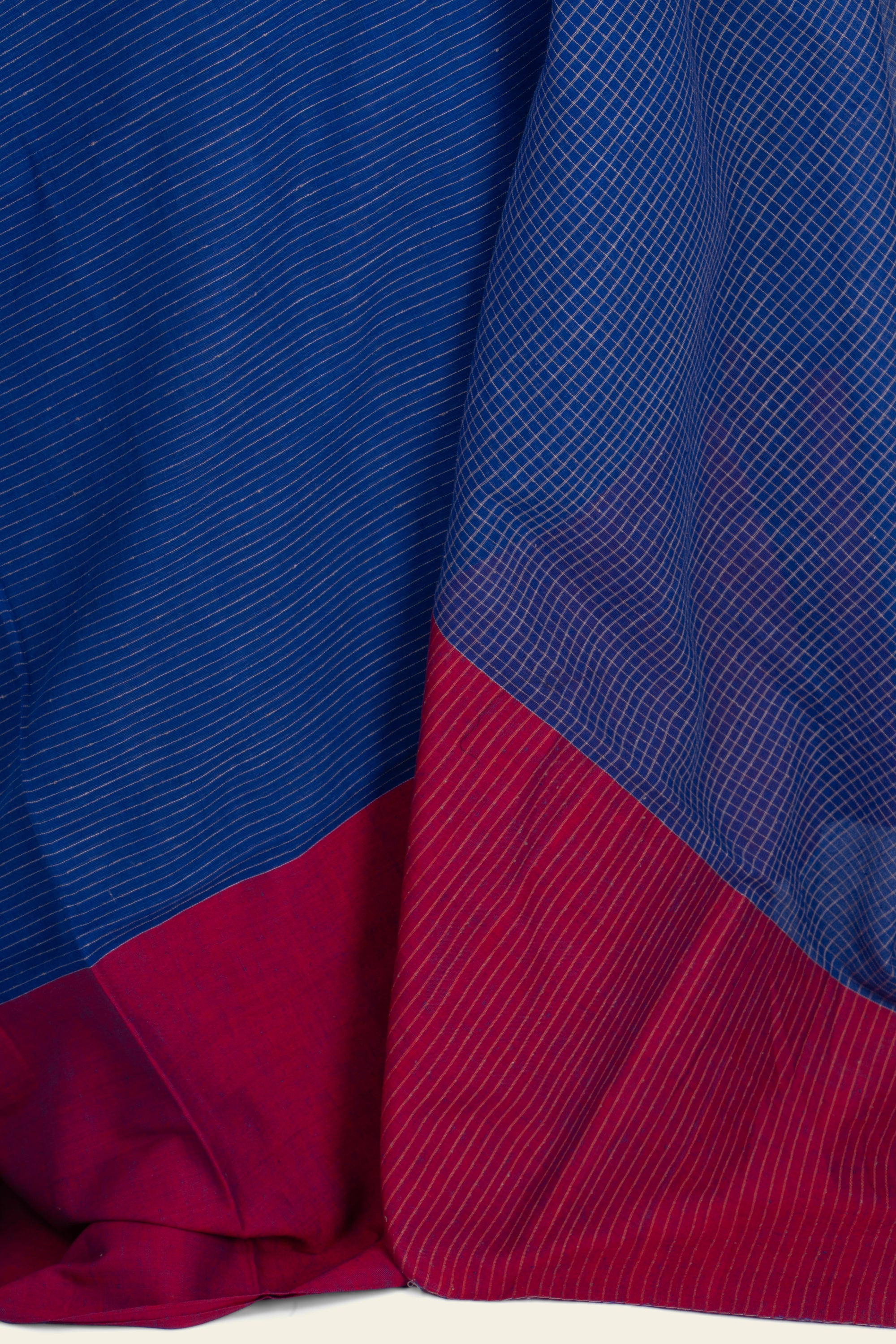 Blue and Red Checks Handwoven Bengal Cotton Saree
