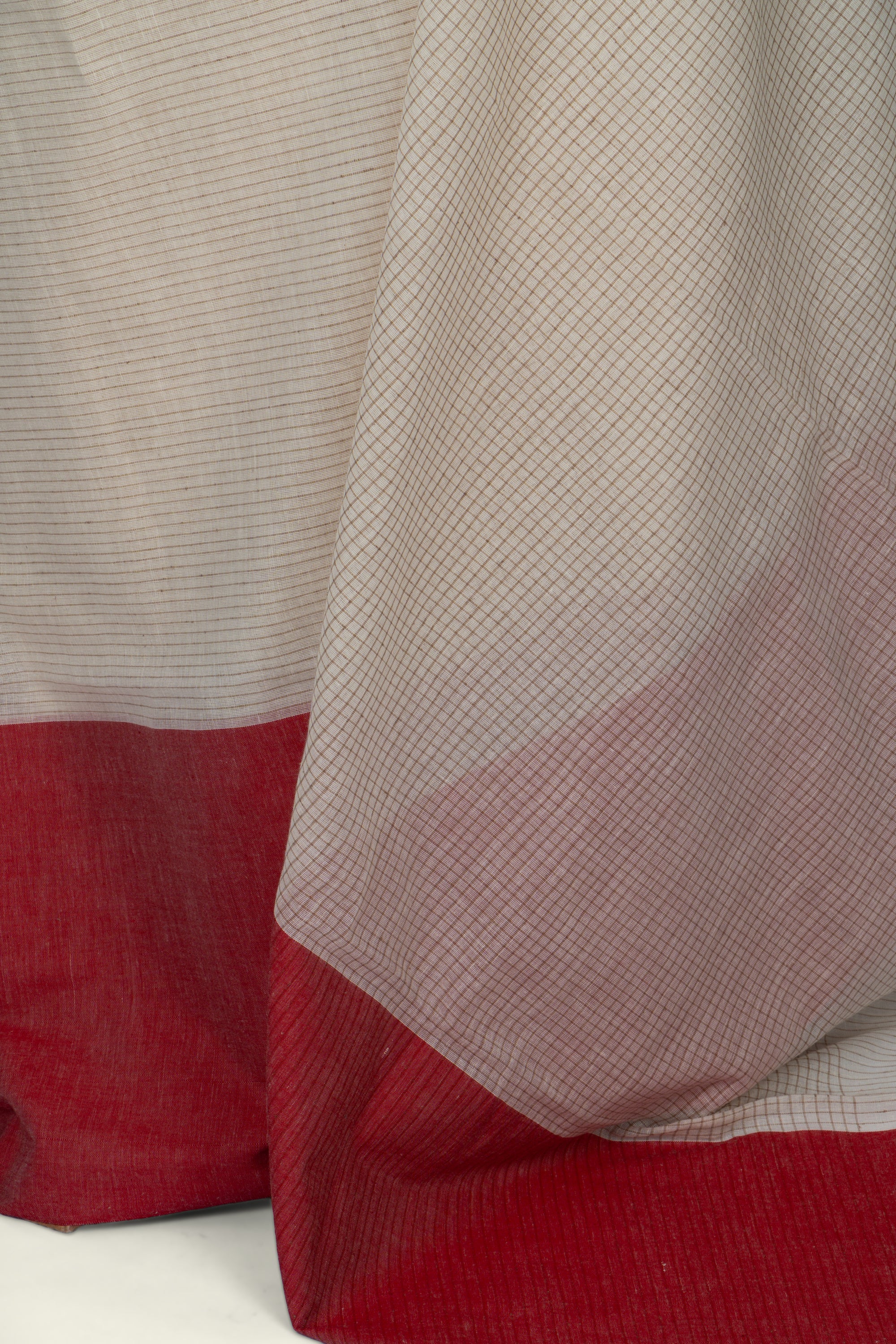 Off White and Red Checks Handwoven Bengal Cotton Saree