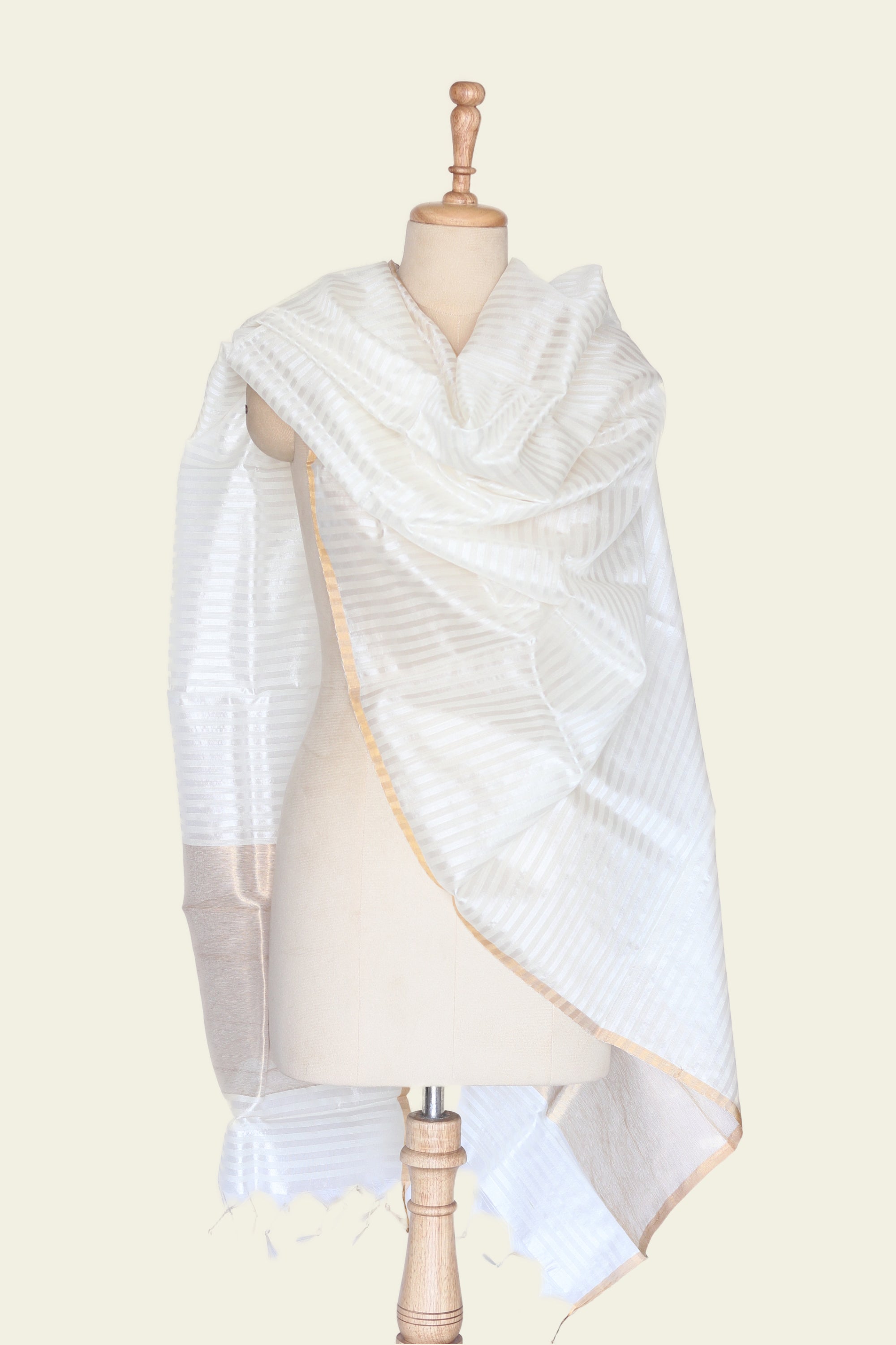 White and Creme Stripes Chanderi Silk Cotton Dupatta