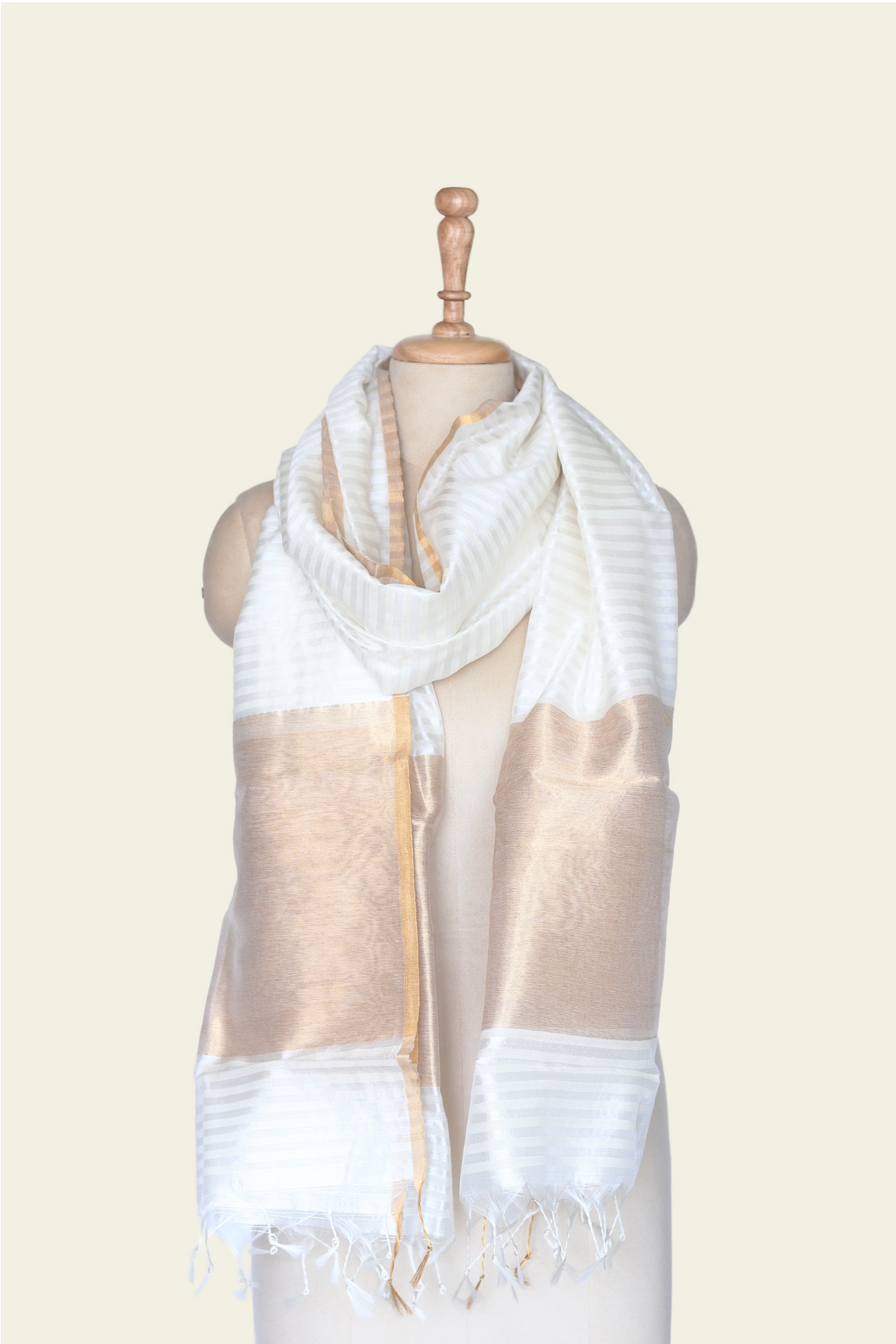 White and Creme Stripes Chanderi Silk Cotton Dupatta