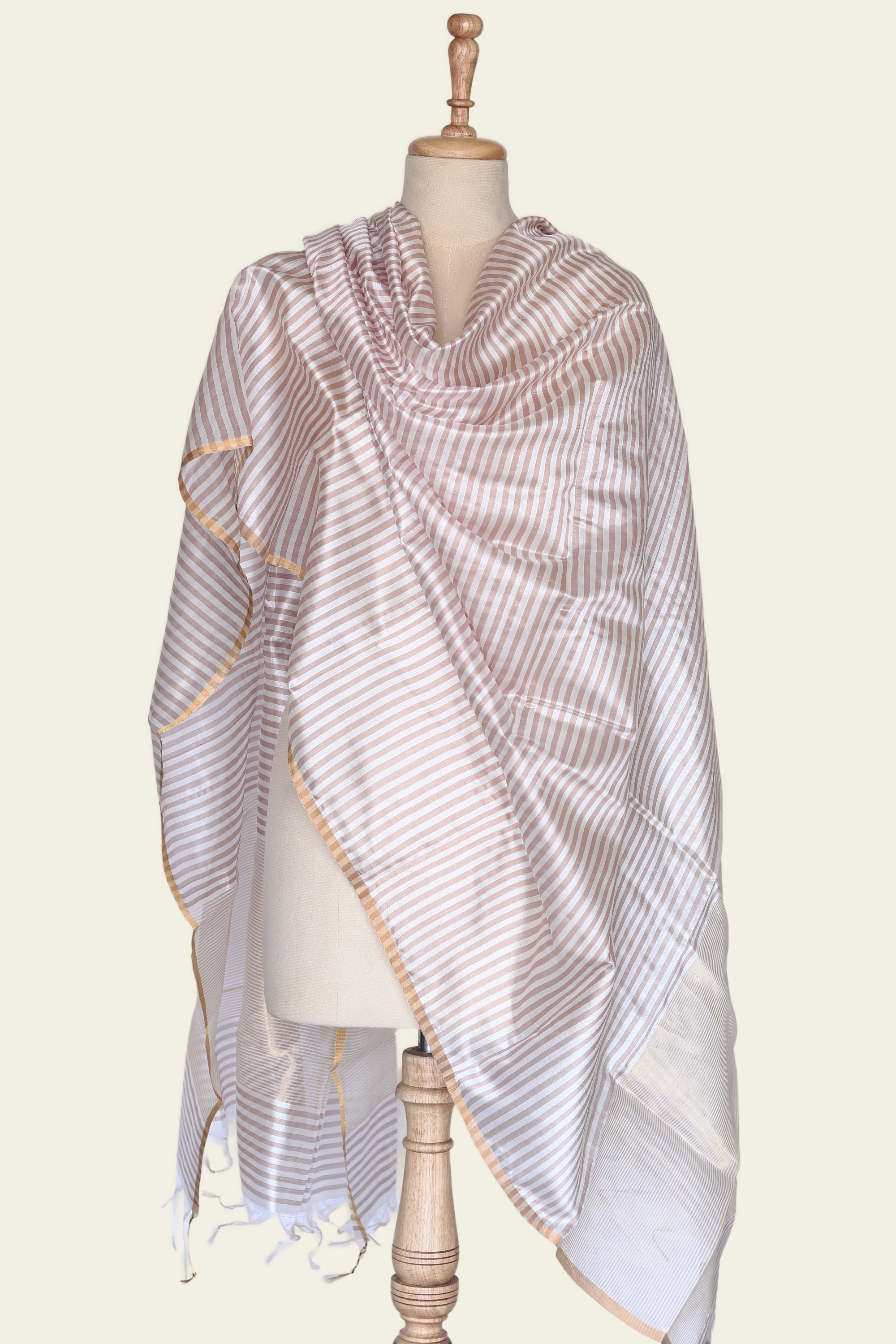 White and Brown Stripes Chanderi Silk Dupatta