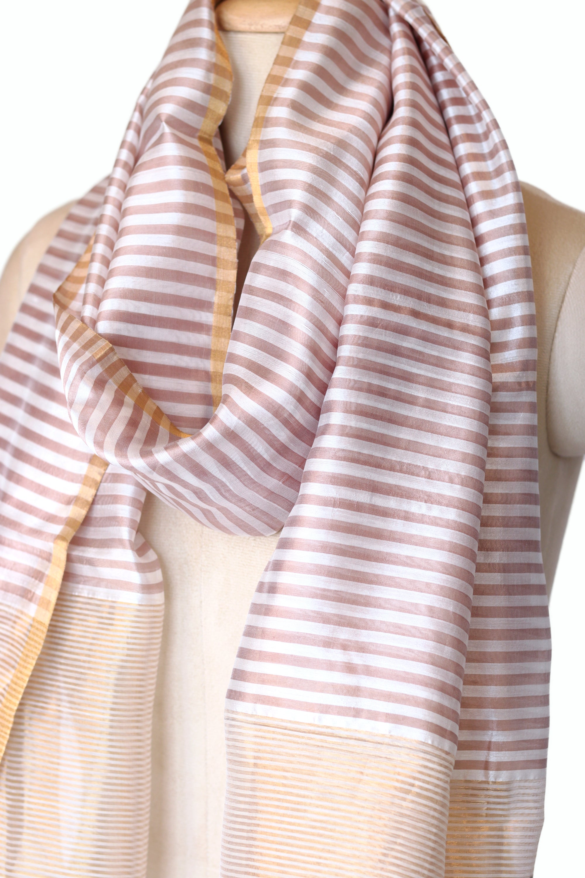 White and Brown Stripes Chanderi Silk Dupatta