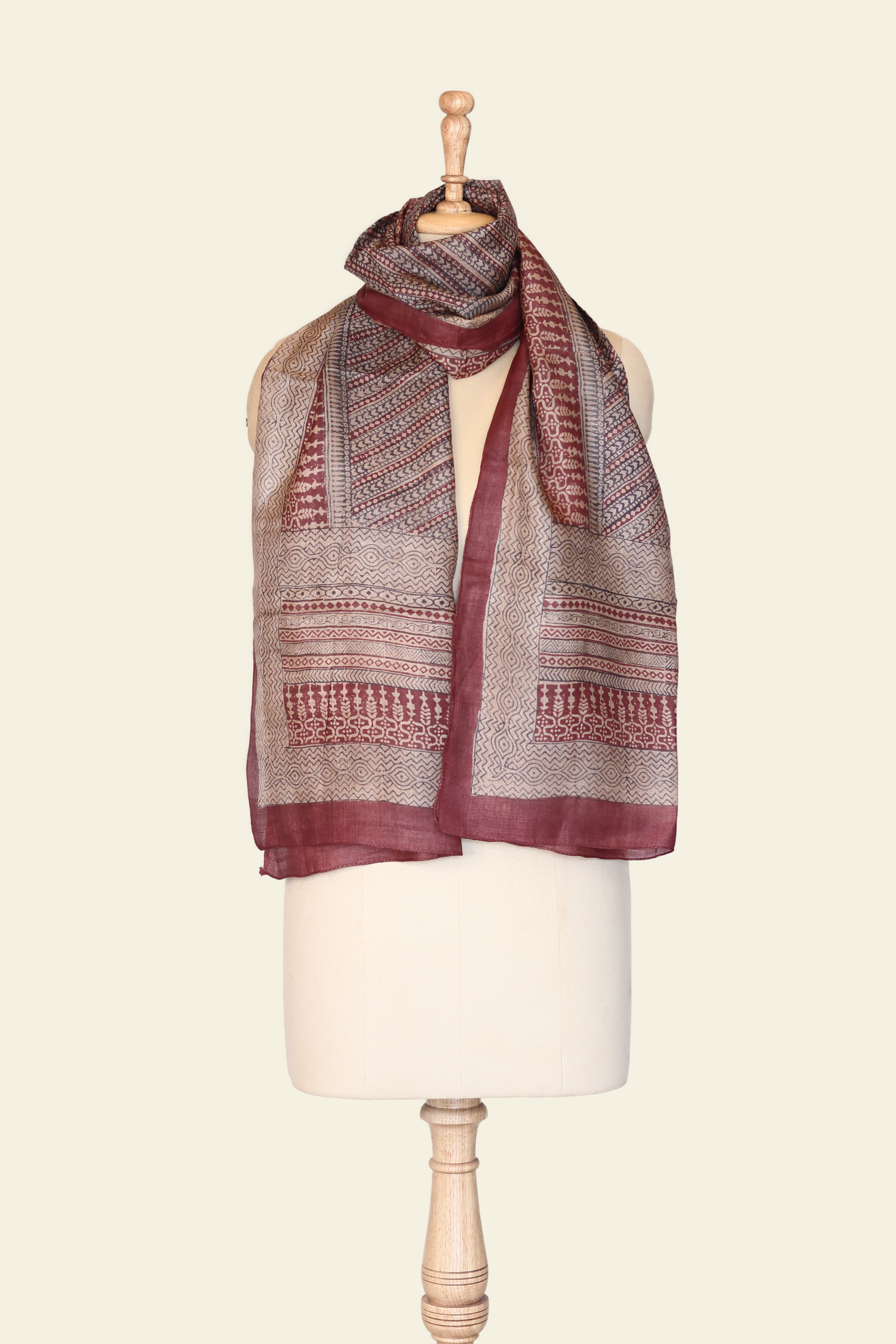 Beige Hand Block Print Tussar Stole