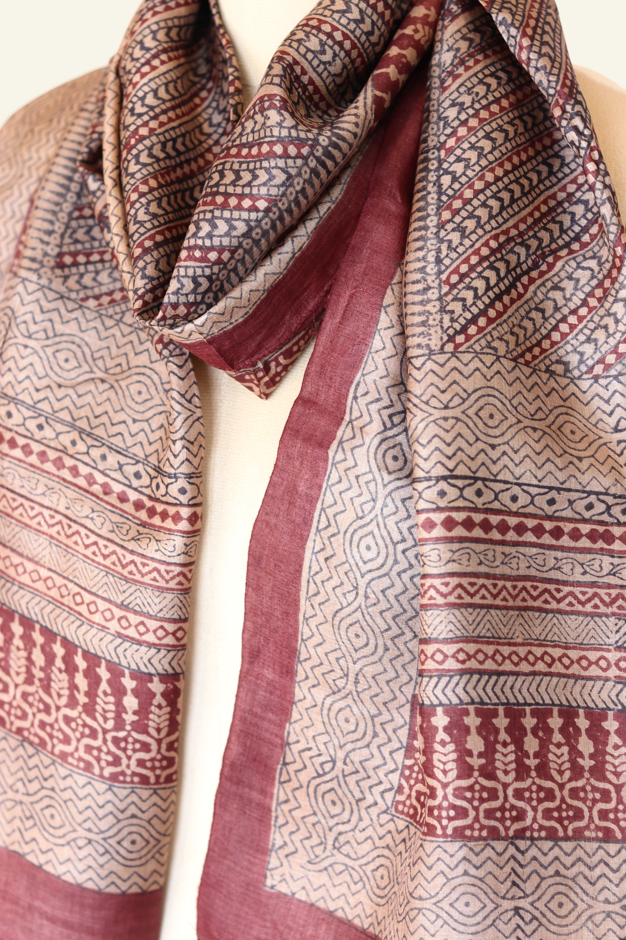 Beige Hand Block Print Tussar Stole