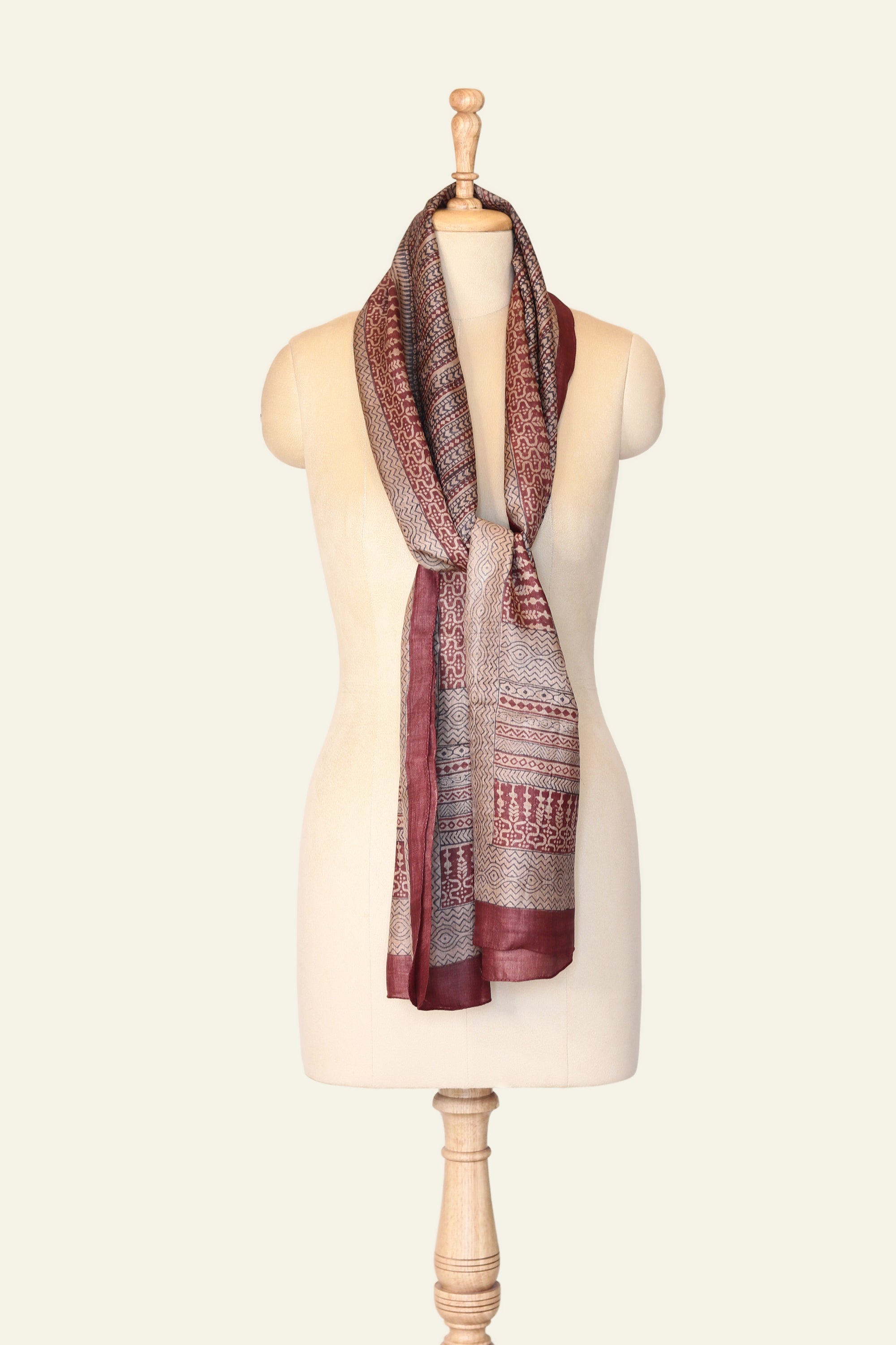 Beige Hand Block Print Tussar Stole