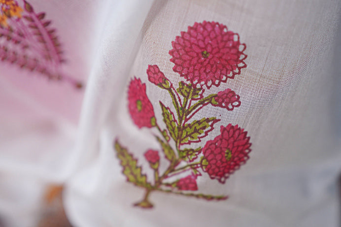 Handblock printed saree closeup showing Floral prints on a white Maheshwari handloom saree with pink flowers and green leaves.
