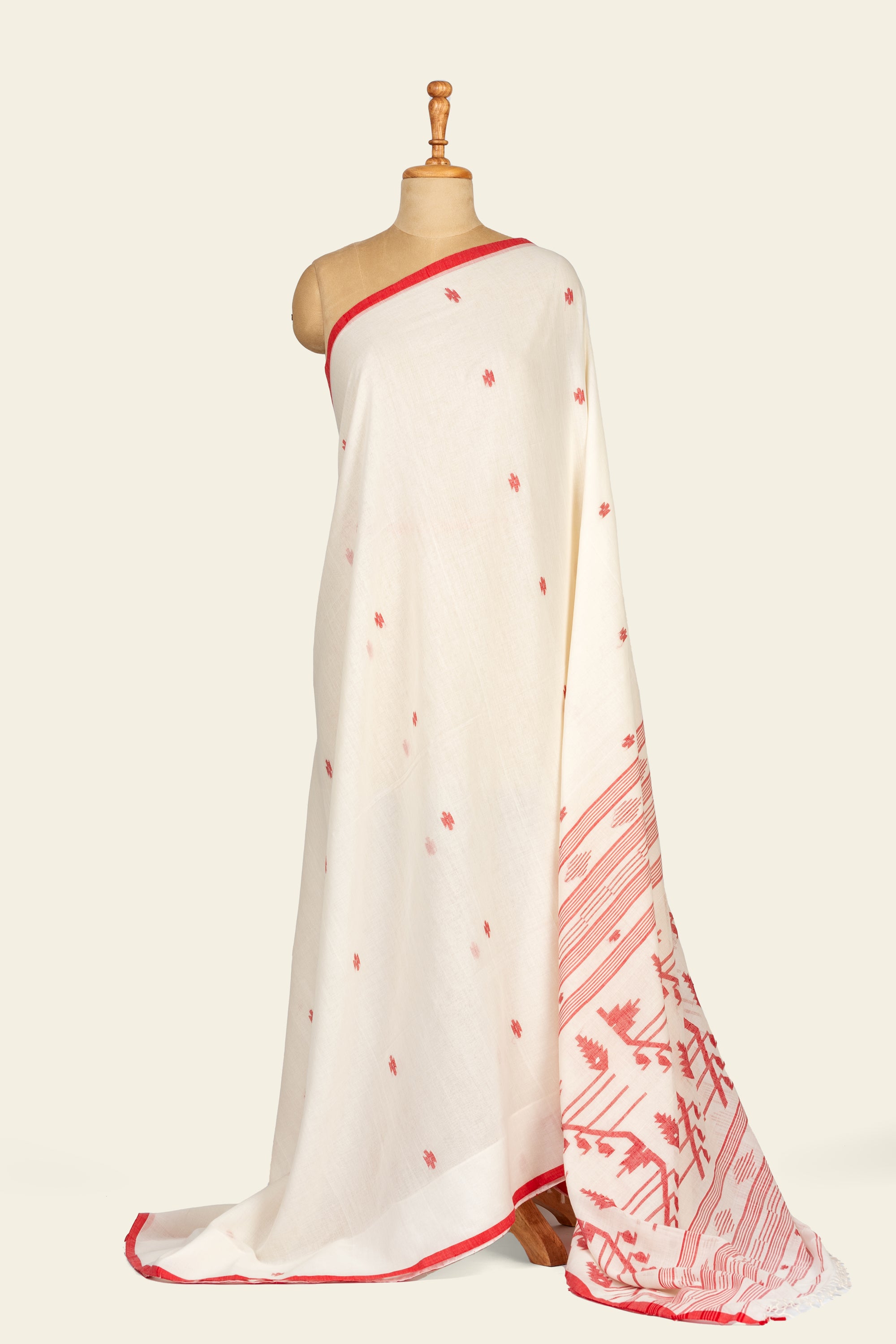Red and White Bengal Cotton Jamdani Saree