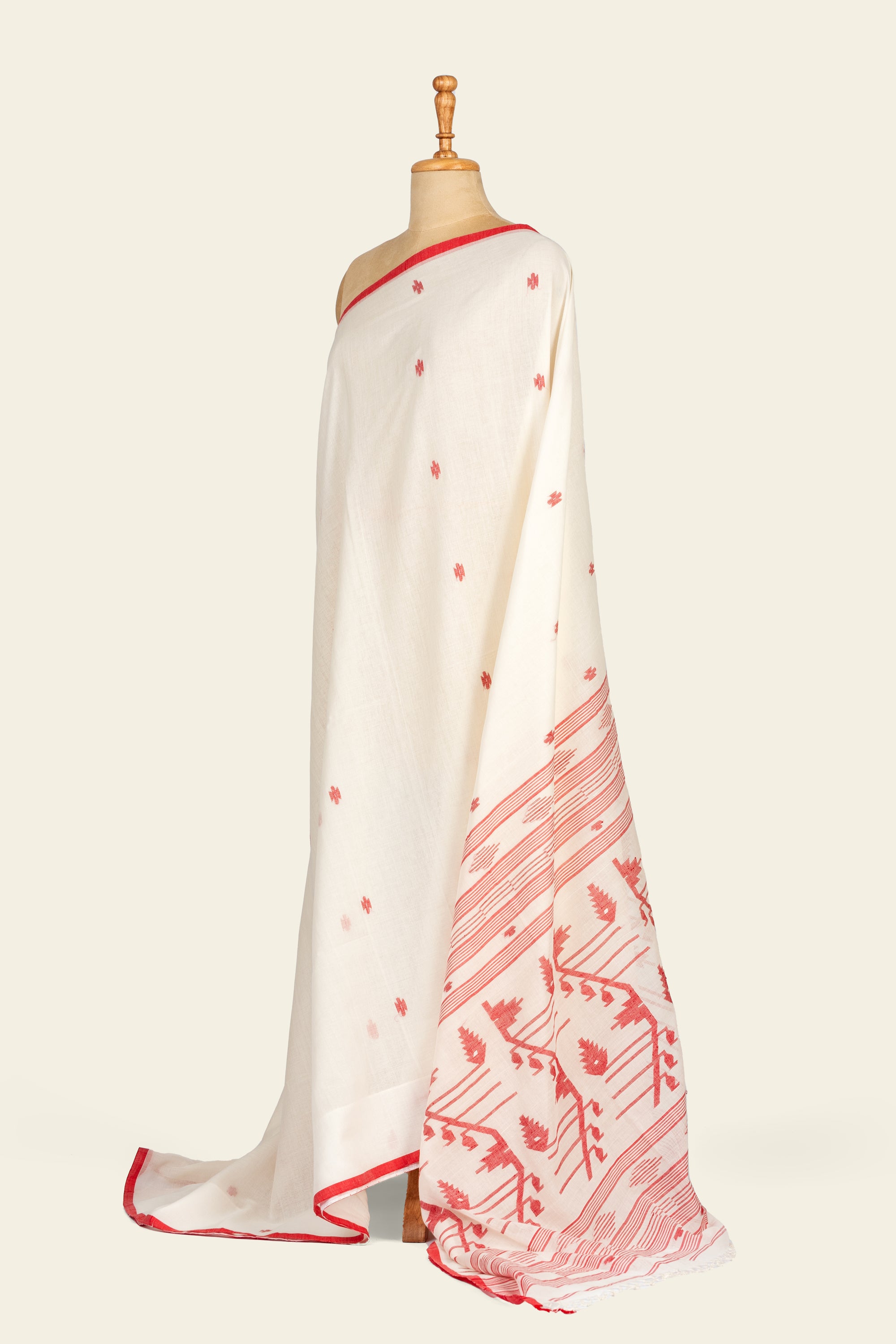 Red and White Bengal Cotton Jamdani Saree